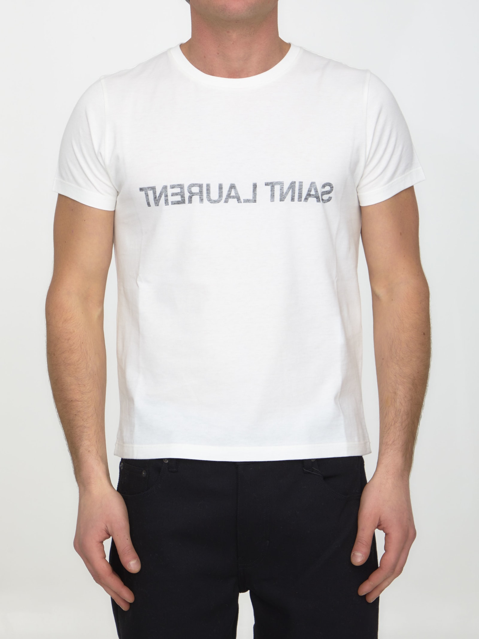 Shop Saint Laurent Reverse Logo T-shirt In Bianco