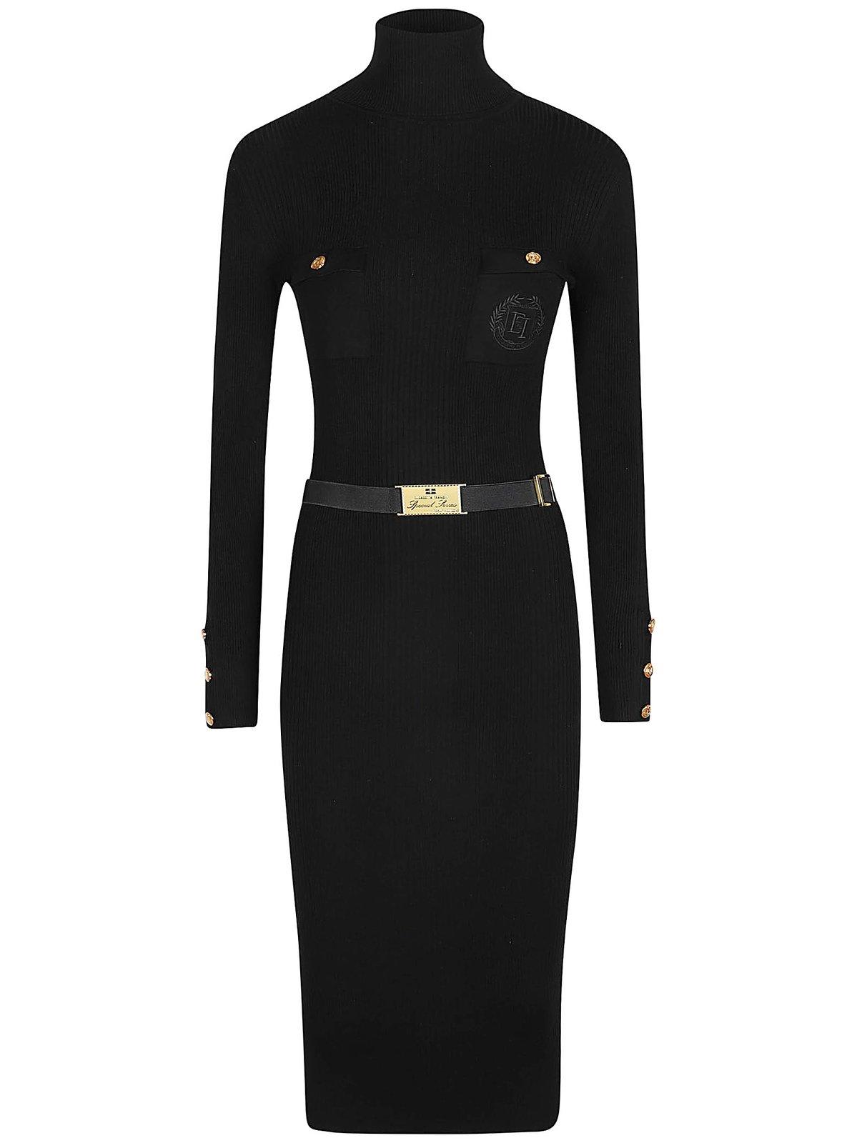 Shop Elisabetta Franchi Logo Embroidered Narrow-ribbed Midi Dress In Black