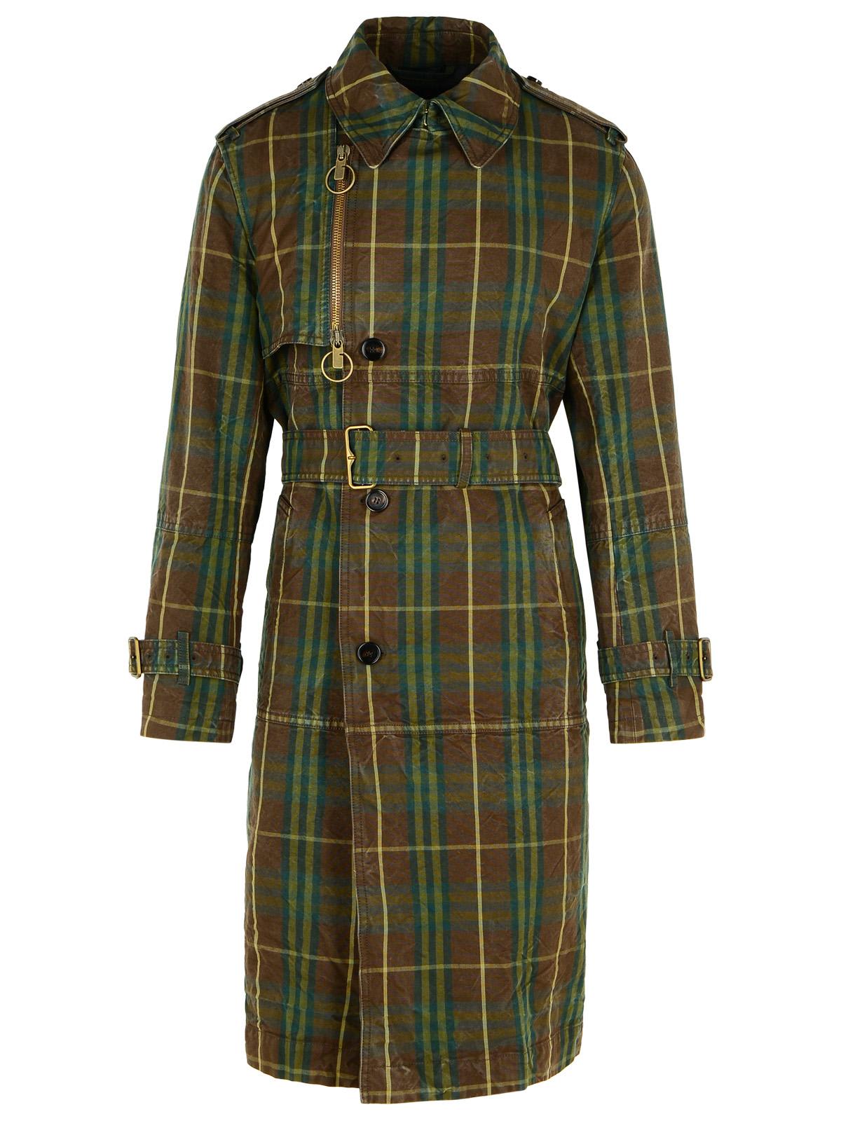 Shop Burberry Check Dark Green Cotton Trench Coat