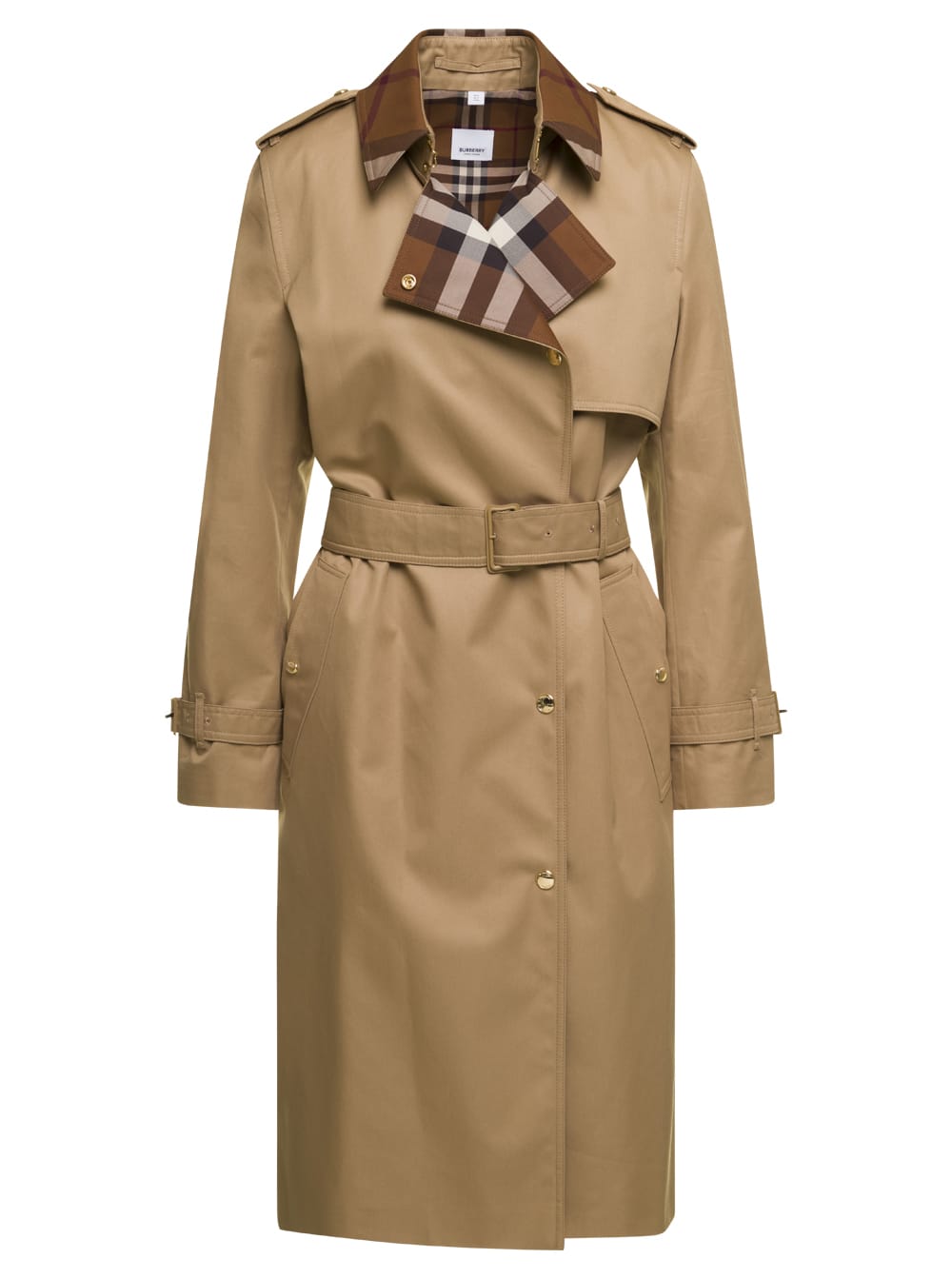 Camel Brown Trench Coat With Exaggerated Check Motif In Bespoke Cotton Gabardine Burberry
