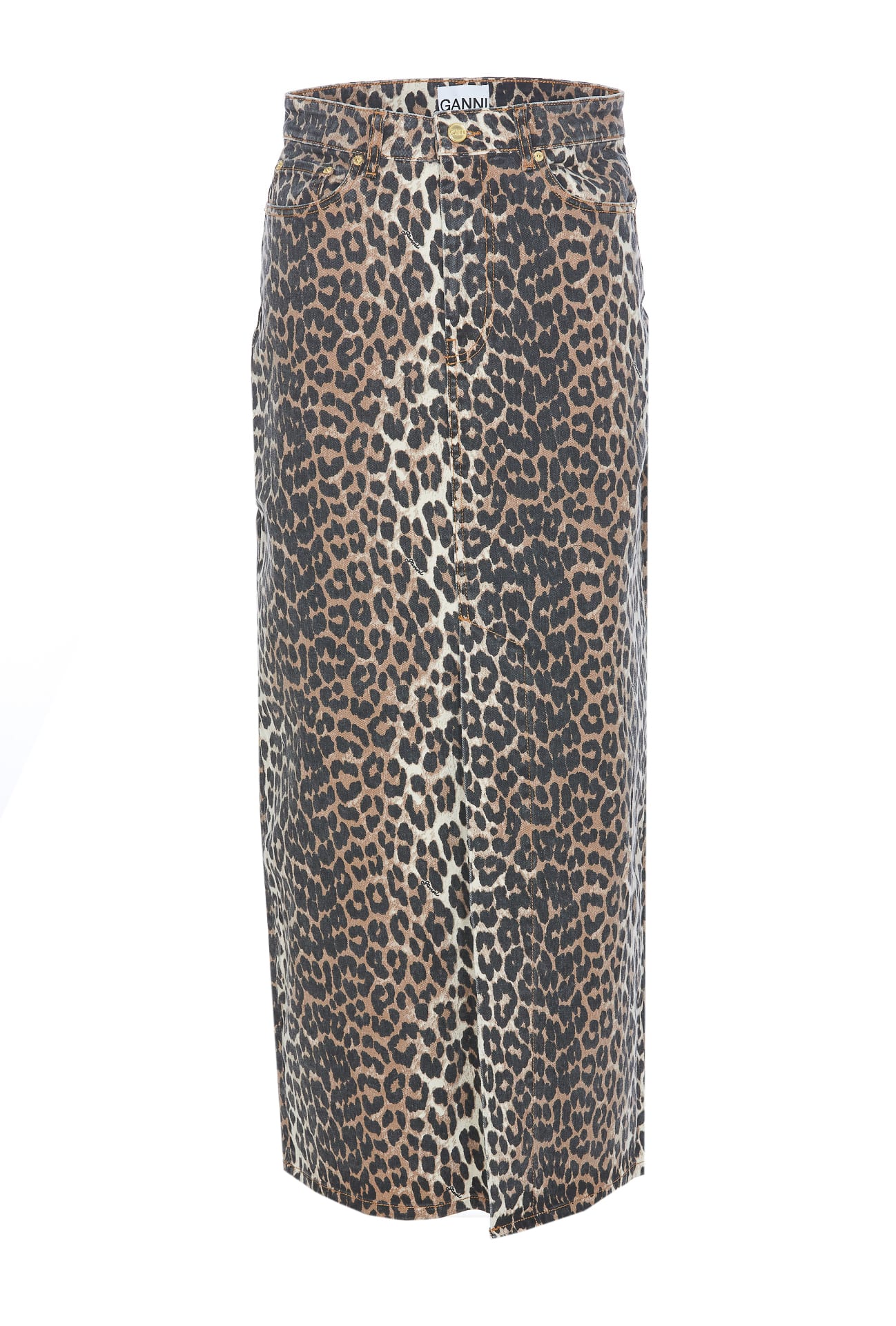 Shop Ganni Midi Denim Animalier Skirt In Brown