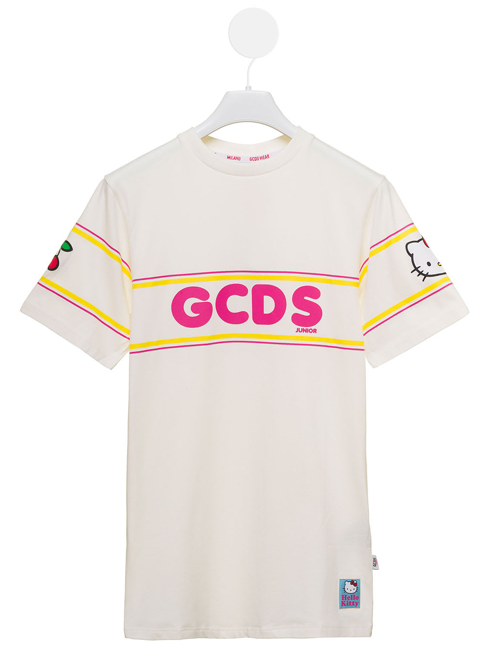 GCDS MINI WHITE STRAIGHT DRESS WITH LOGO AND HELLO KITTY PRINT IN STRETCH COTTON GIRL