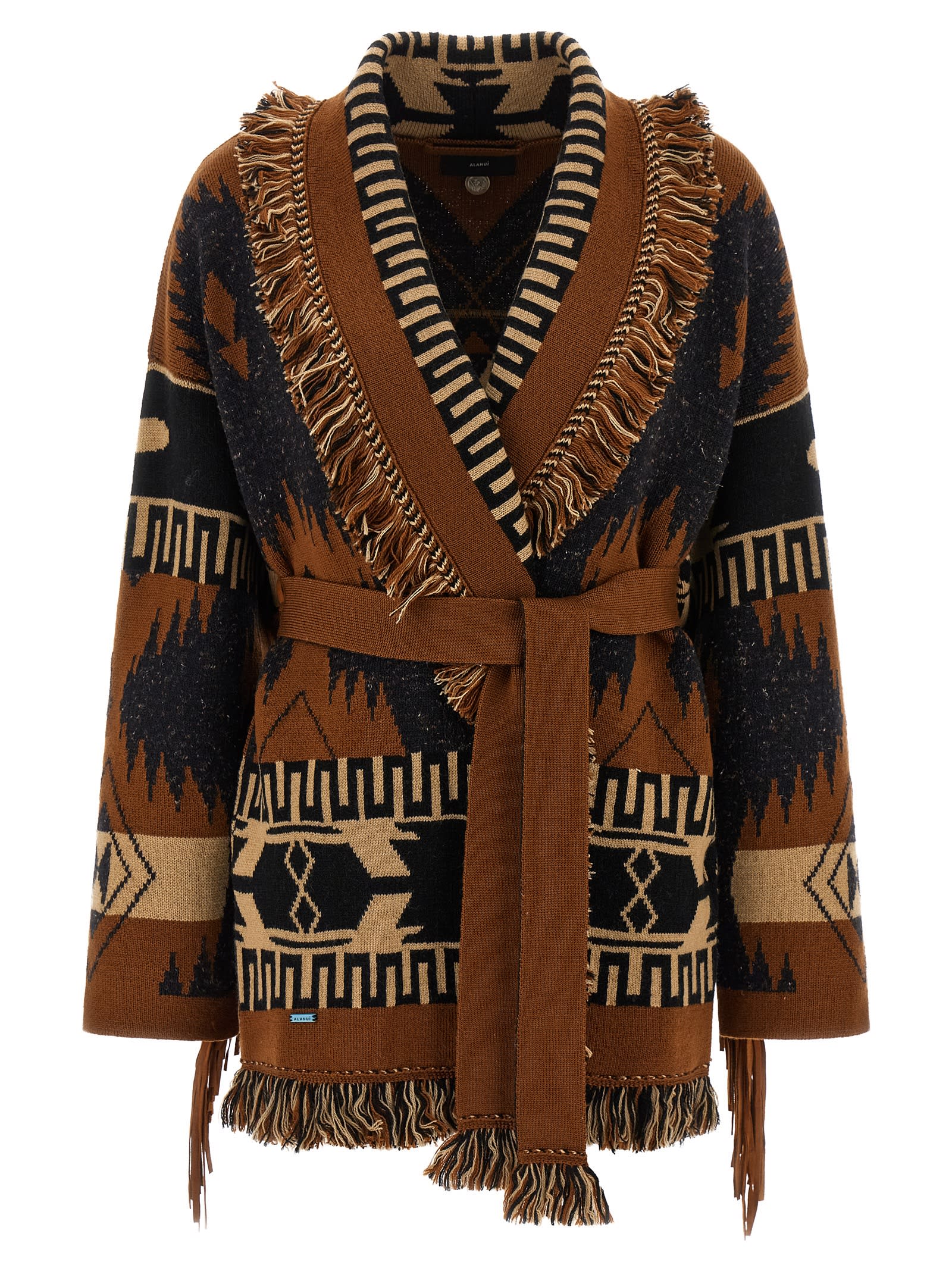 Alanui Icon Jacquard Fringe Belted Cashmere Cardigan In Multi
