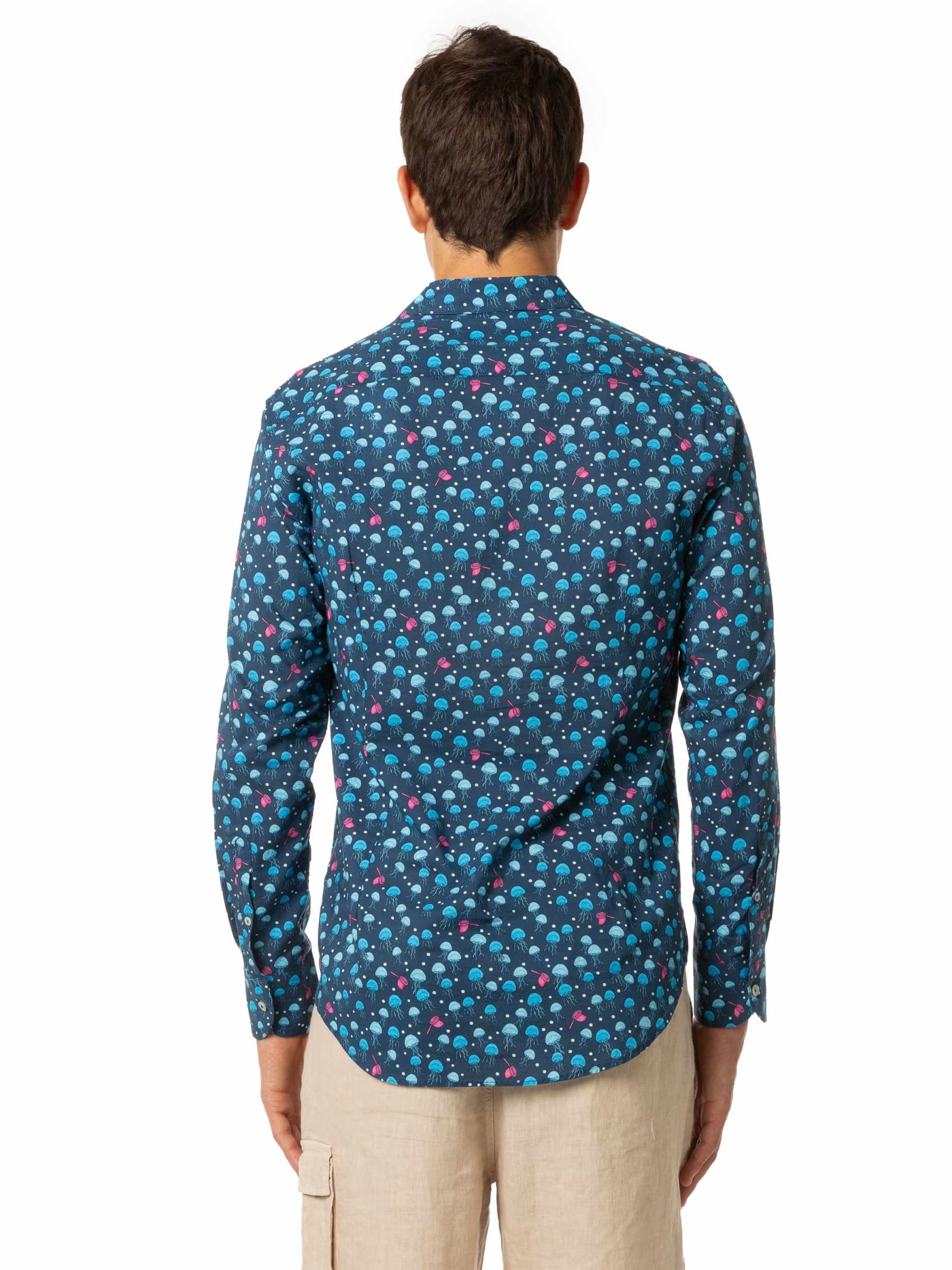 Mc2 Saint Barth Man Cotton Shirt With Jellyfish Print In Blue
