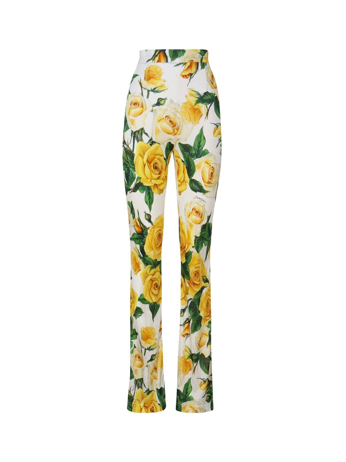 Dolce & Gabbana Rose Printed High Waist Pants In White