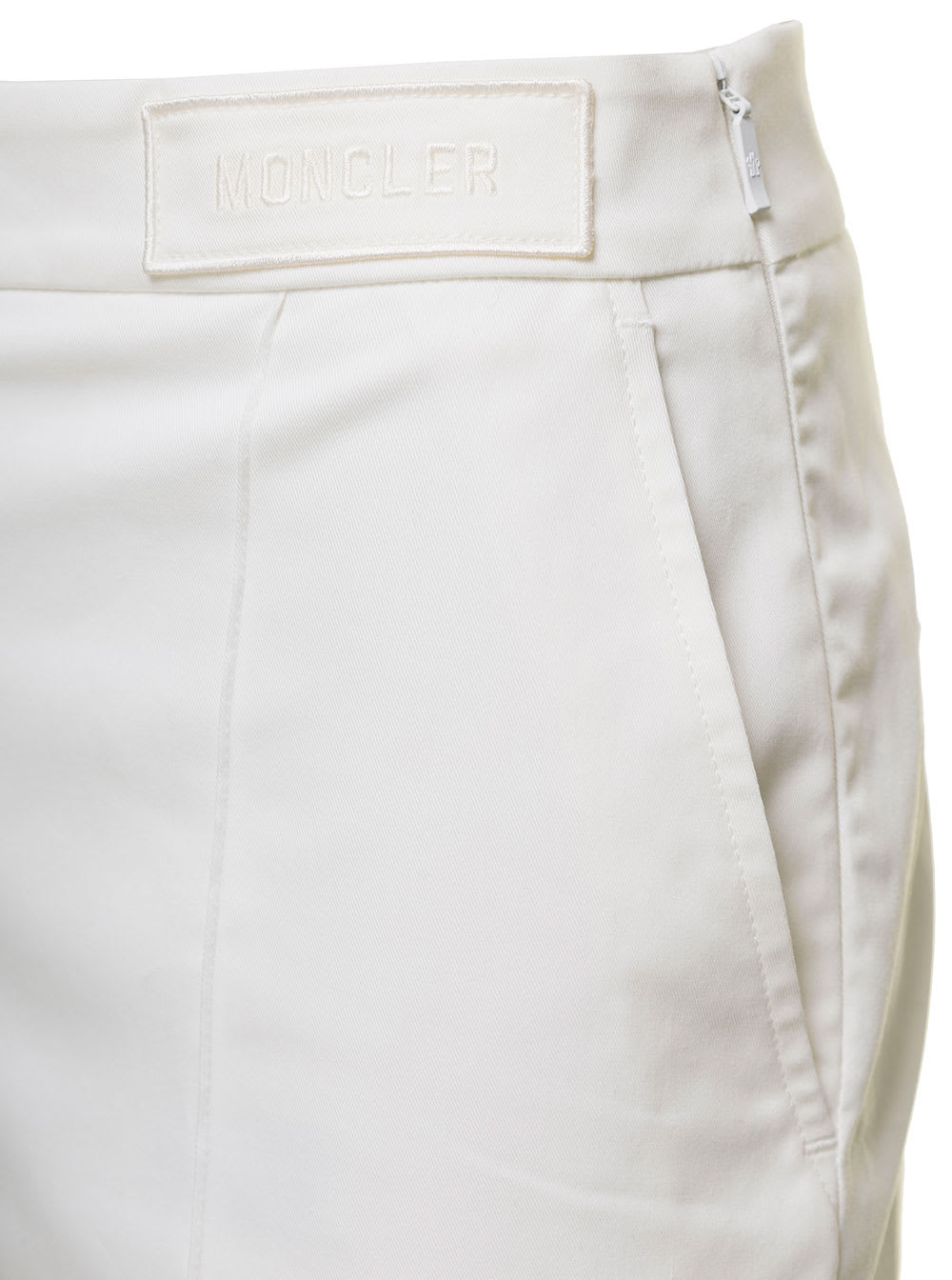 Moncler White Straight Pants With Tonal Logo Patch In Stretch Cotton Woman In White