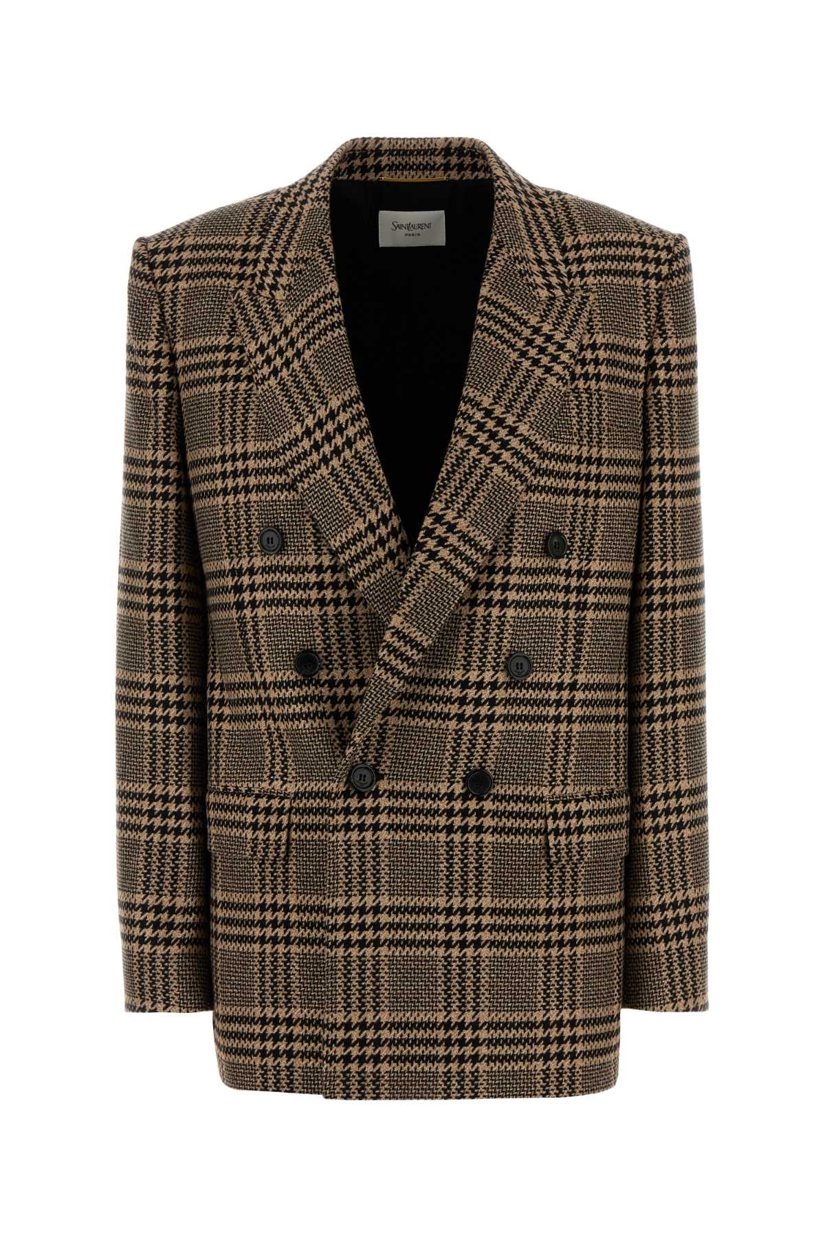 Saint Laurent Double-breasted Checked Wool Jacket In Brown