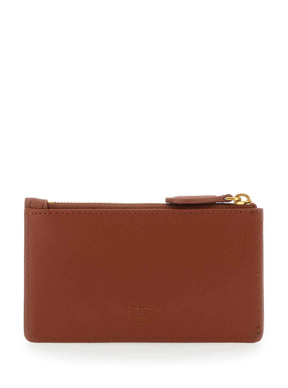 Shop Pinko Airone Brown Card-holder With Logo Patch In Leather Woman