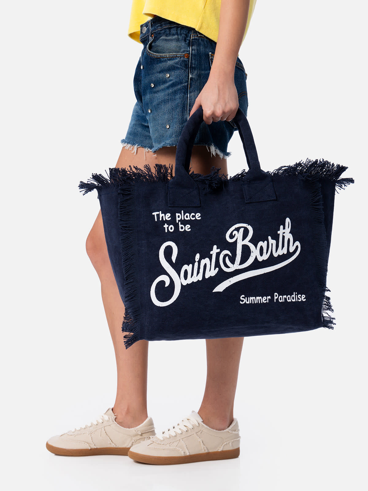 Shop Mc2 Saint Barth Navy Blue Cotton Canvas Vanity Tote Bag