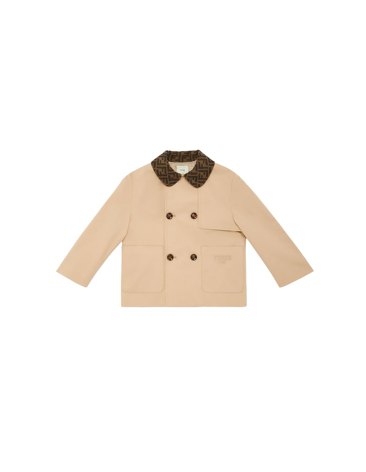 Fendi Kids' Desert Gabardine Double-breasted Jacket With Embroidery In Brown