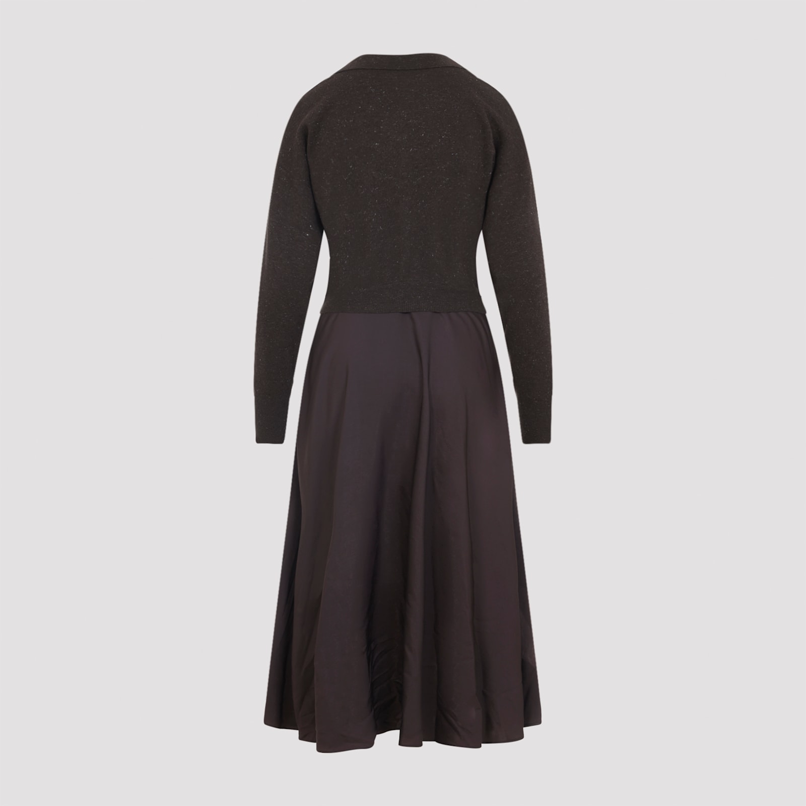 Peserico Ebony Brown Two-fabric Midi Dress With Pointed Collar In Multi