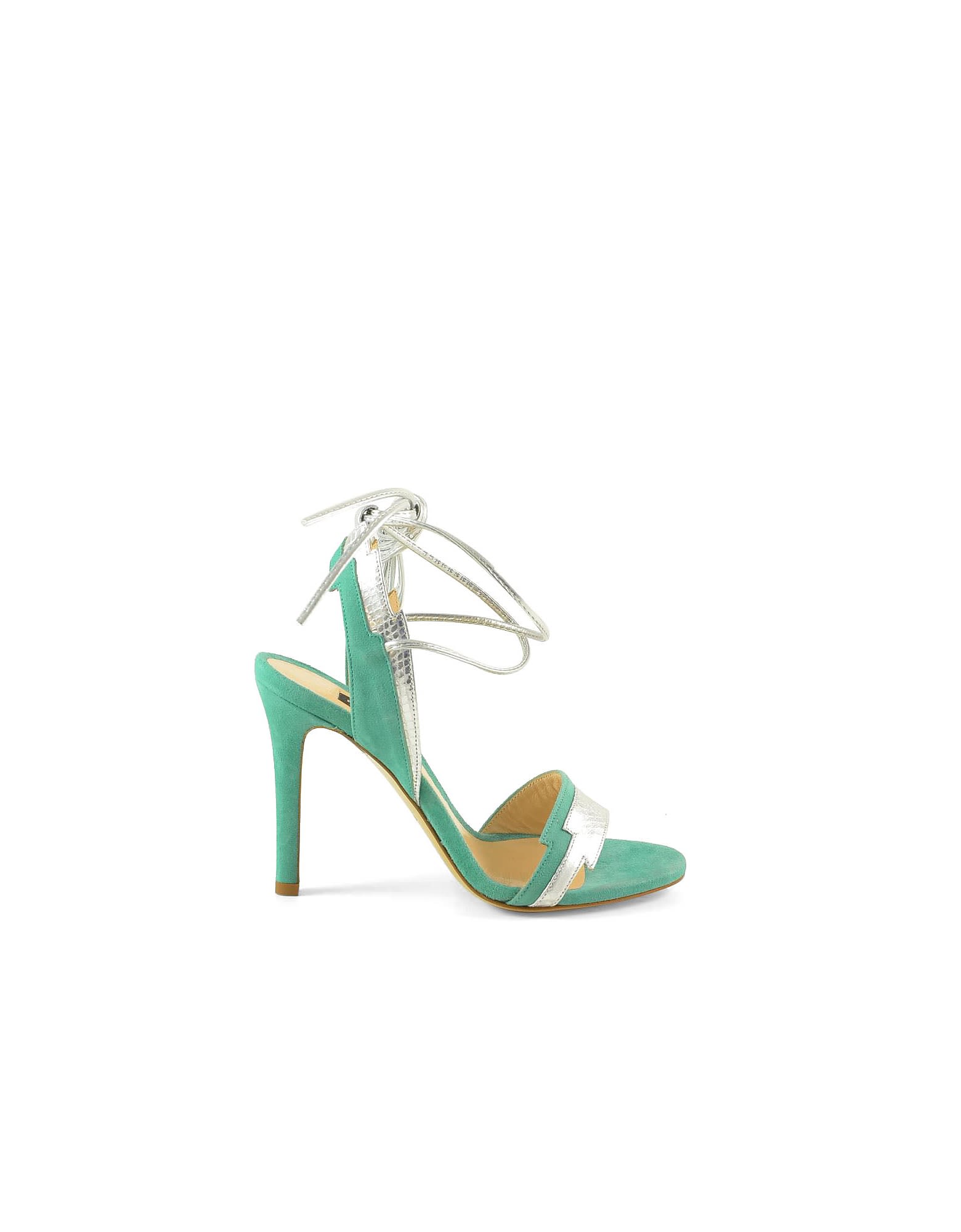 Pinko Aqua Green Suede And Silver Printed Leather High Heel Sandals