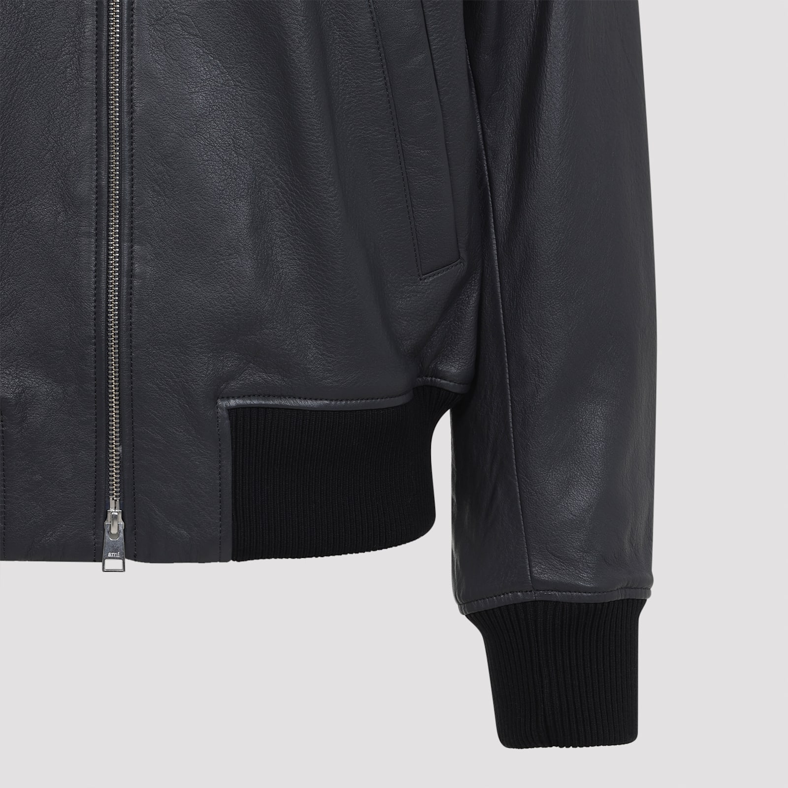 Ami Alexandre Mattiussi Mens Anthracite Regular-fit Spread-collar Leather Jacket In Black