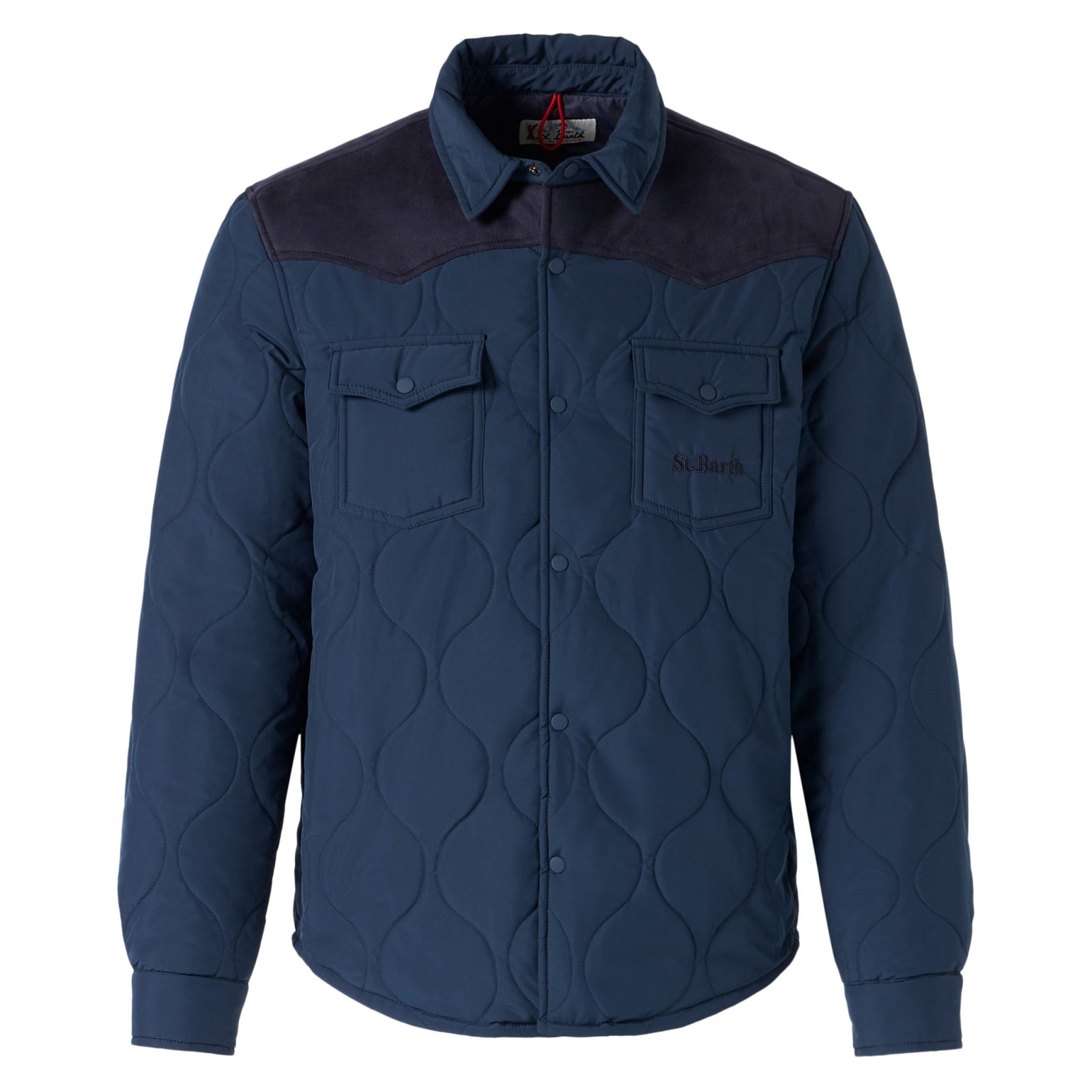 Mc2 Saint Barth Man Navy Blue Padded Overshirt With Patch Pockets In Blue