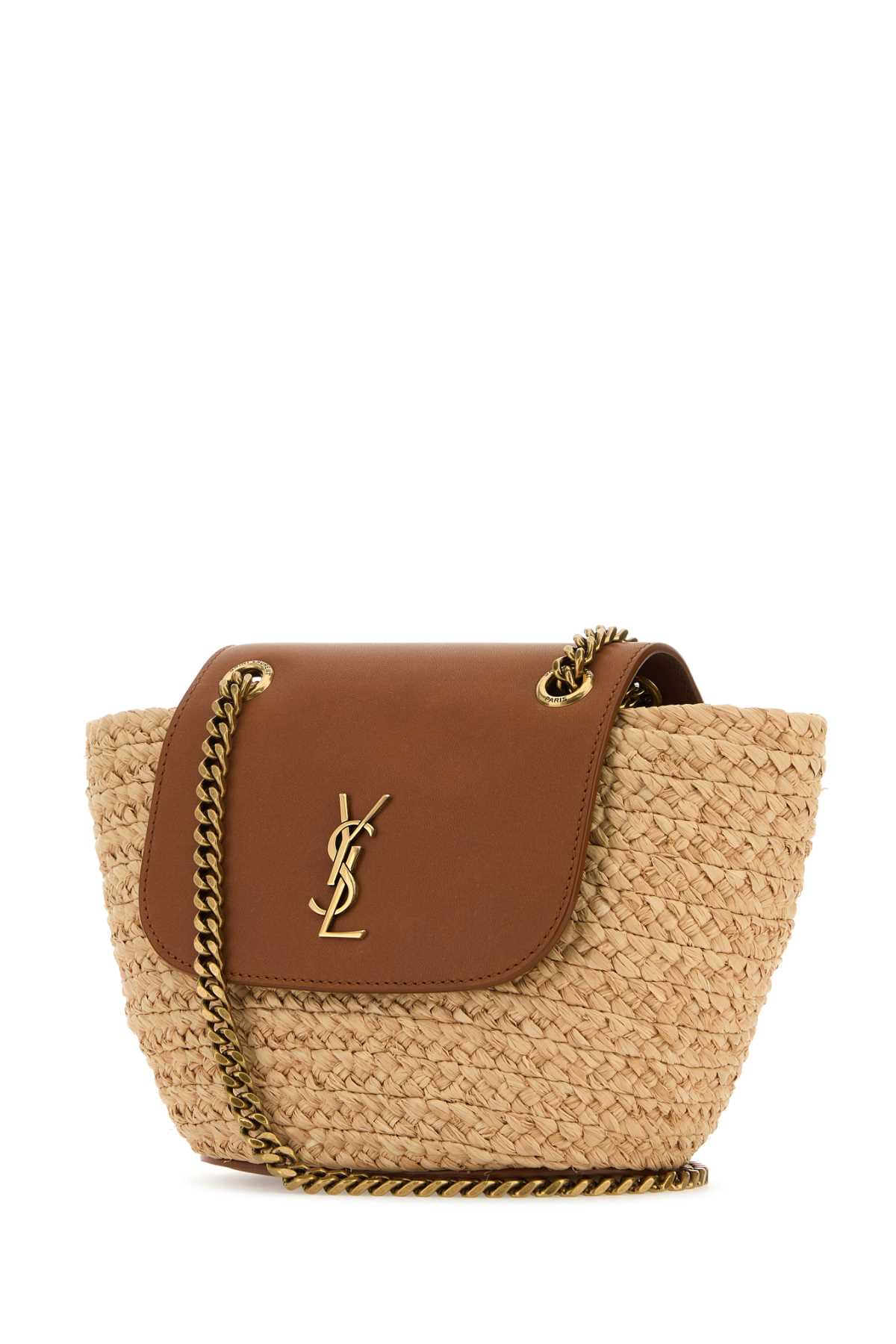 Shop Saint Laurent Two-tone Raffia And Leather Mini Manon Shoulder Bag In Natbrickbrick