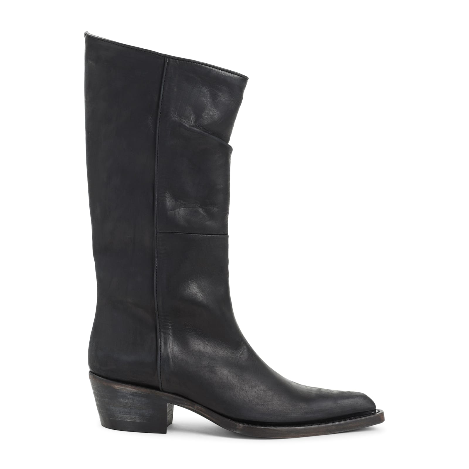 Khaite Mid-calf Black Leather Boots With Pointed Toe And Stacked Heel In Black