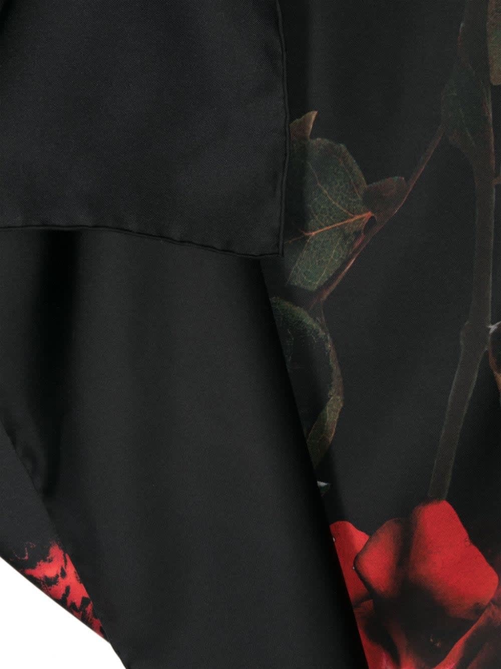 Shop Alexander Mcqueen Black Silk Scarf With Red Rose Print