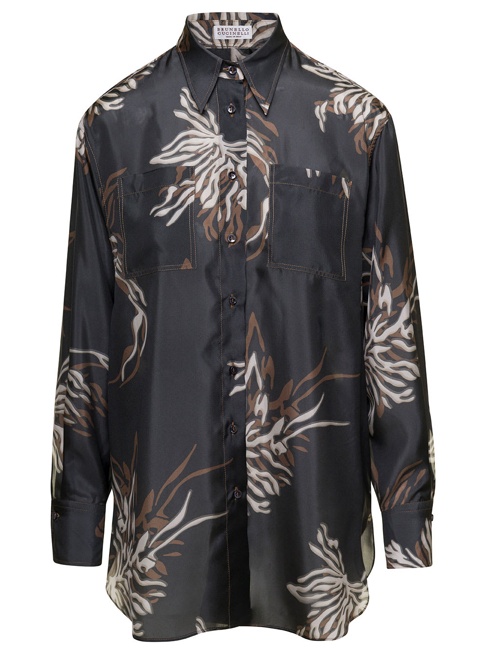 BRUNELLO CUCINELLI GREY SHIRT WITH ALL-OVER PRINT IN SILK WOMAN