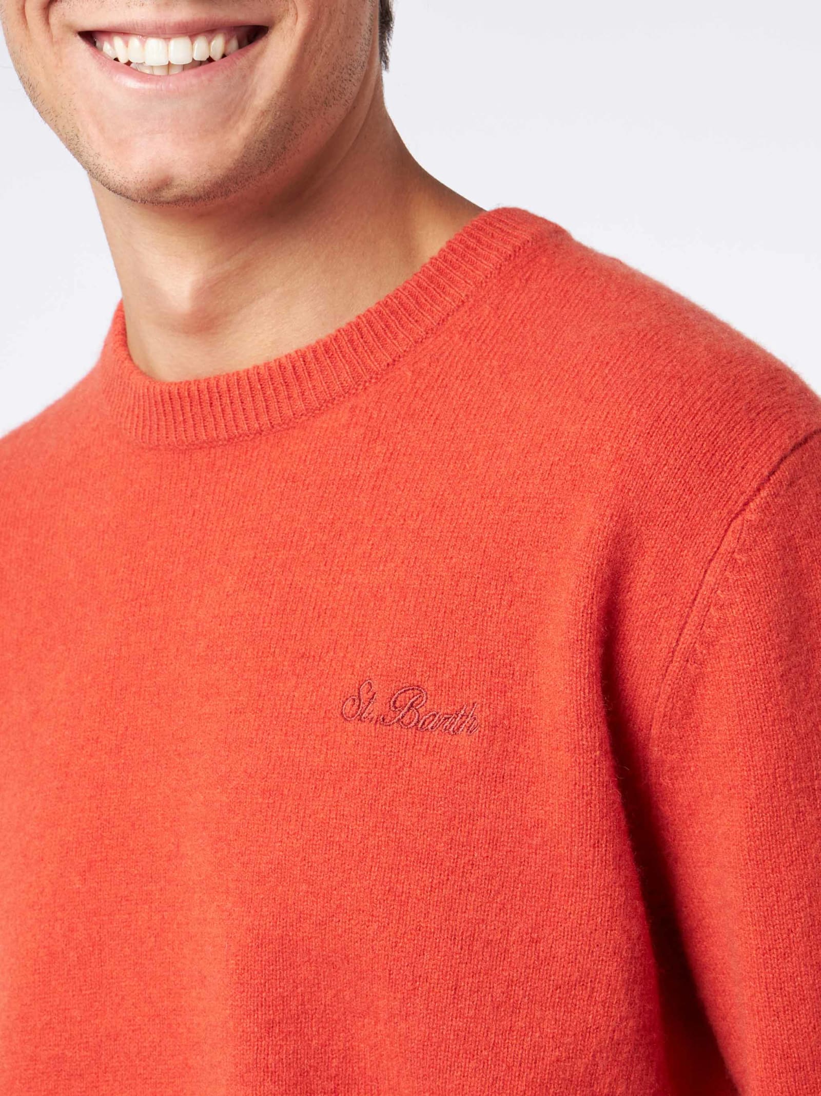 Mc2 Saint Barth Man Crewneck Orange Sweater With St. Barth Embroidery In Orange