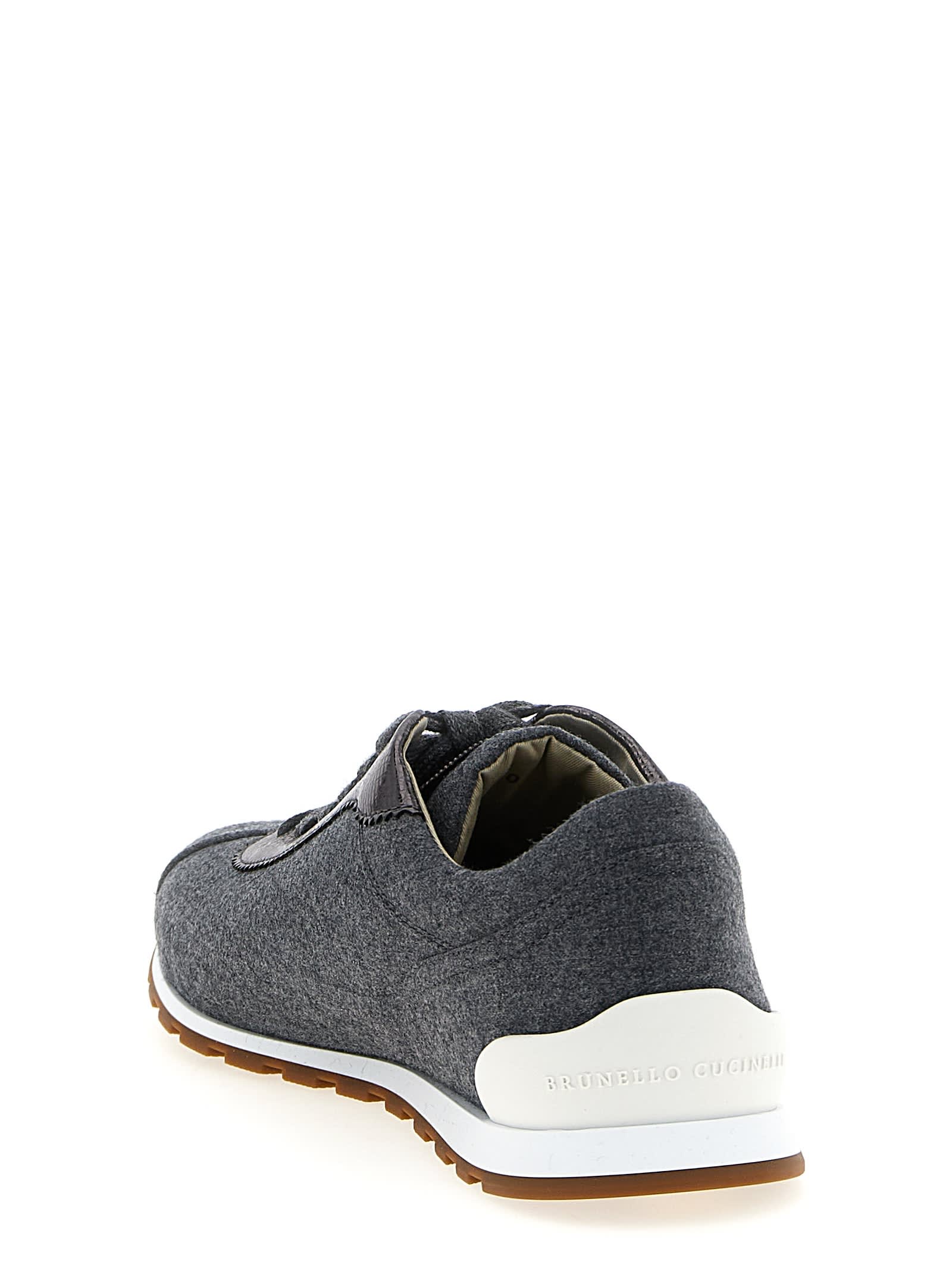 Brunello Cucinelli Women Low-top Wool Flannel Sneakers With Leather Profiles In Blue