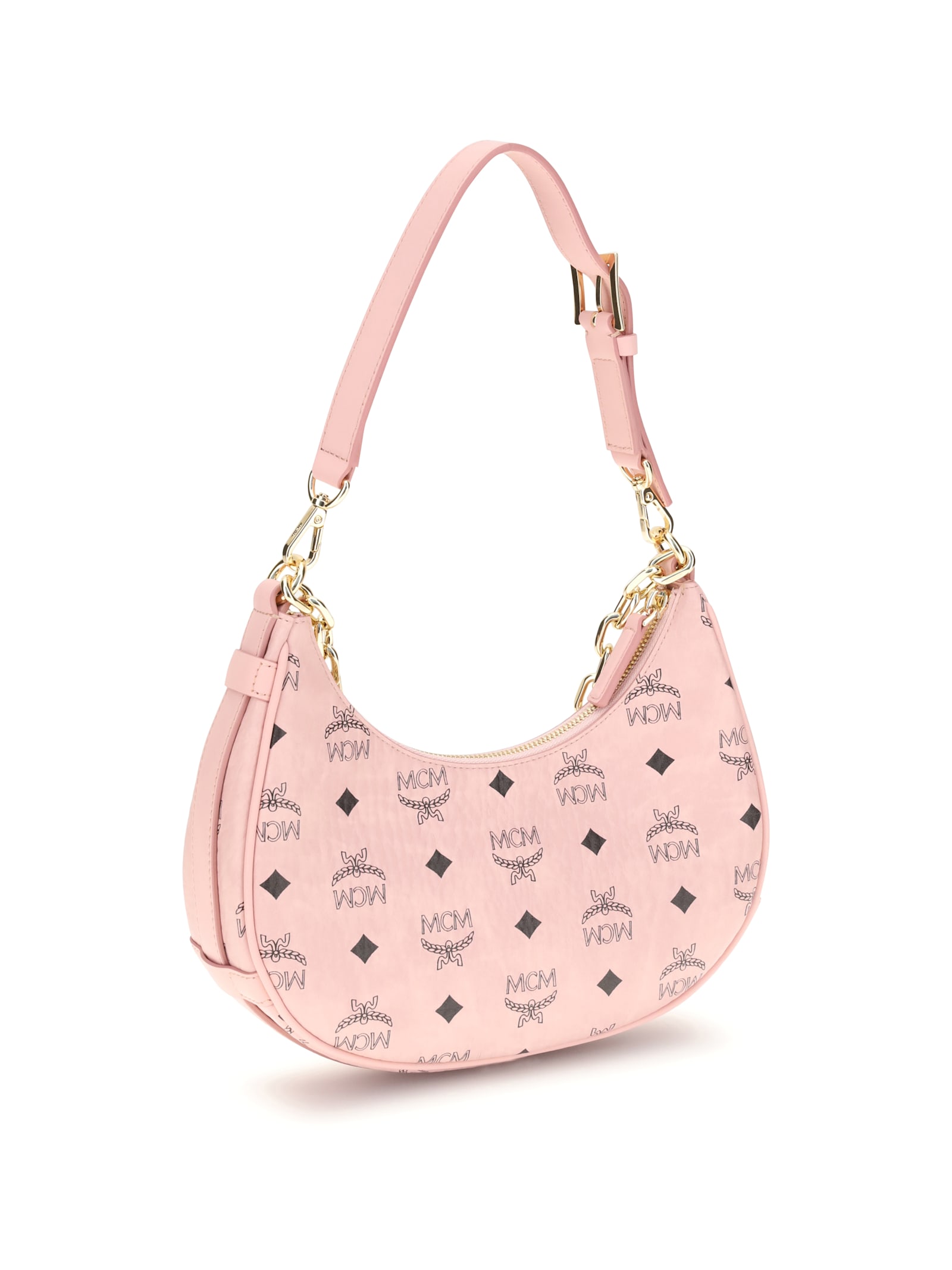 Mcm Aren Crescent Hobo Bag In Visetos In Pink