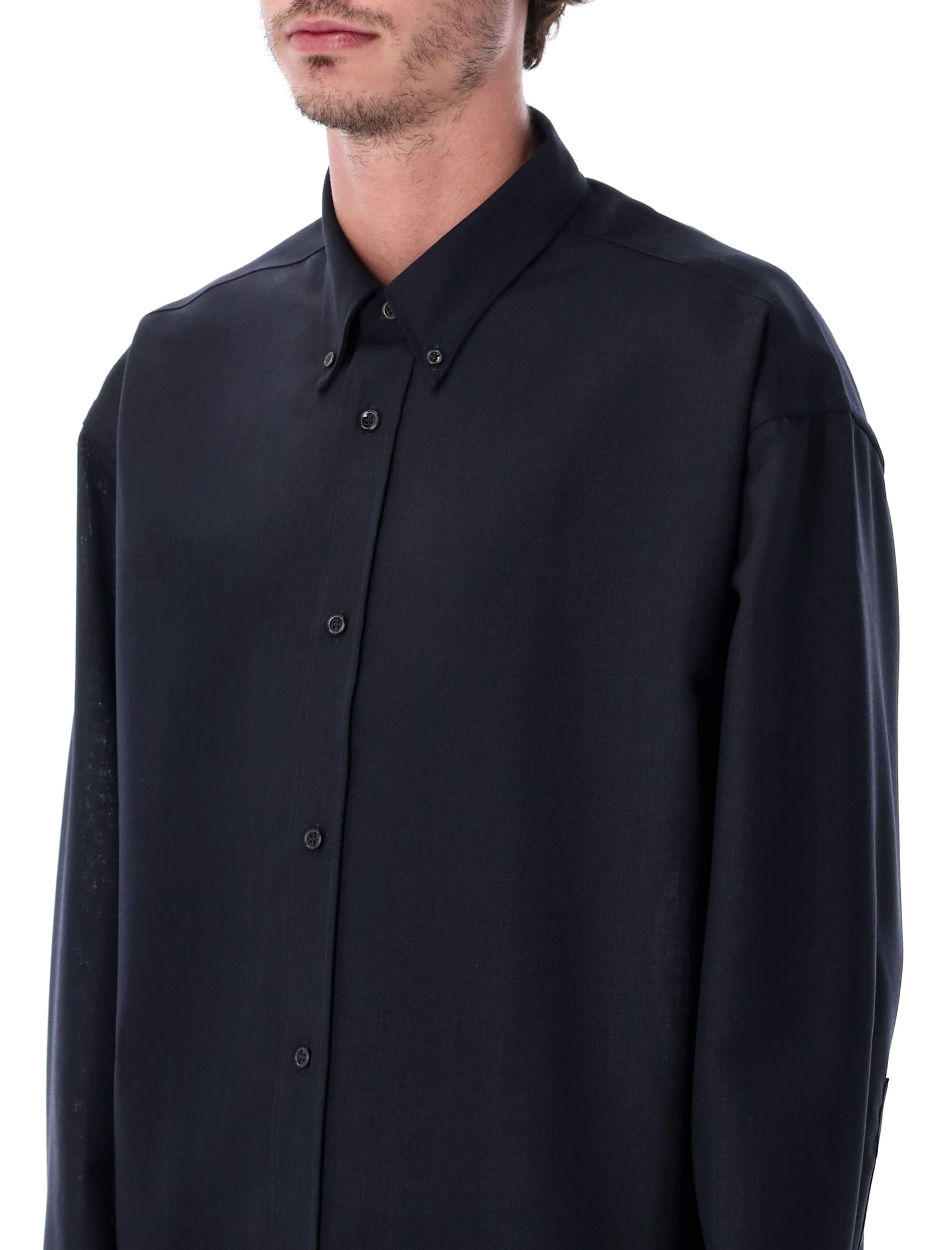Studio Nicholson Oversized Wool Navy Blue Shirt In Blue