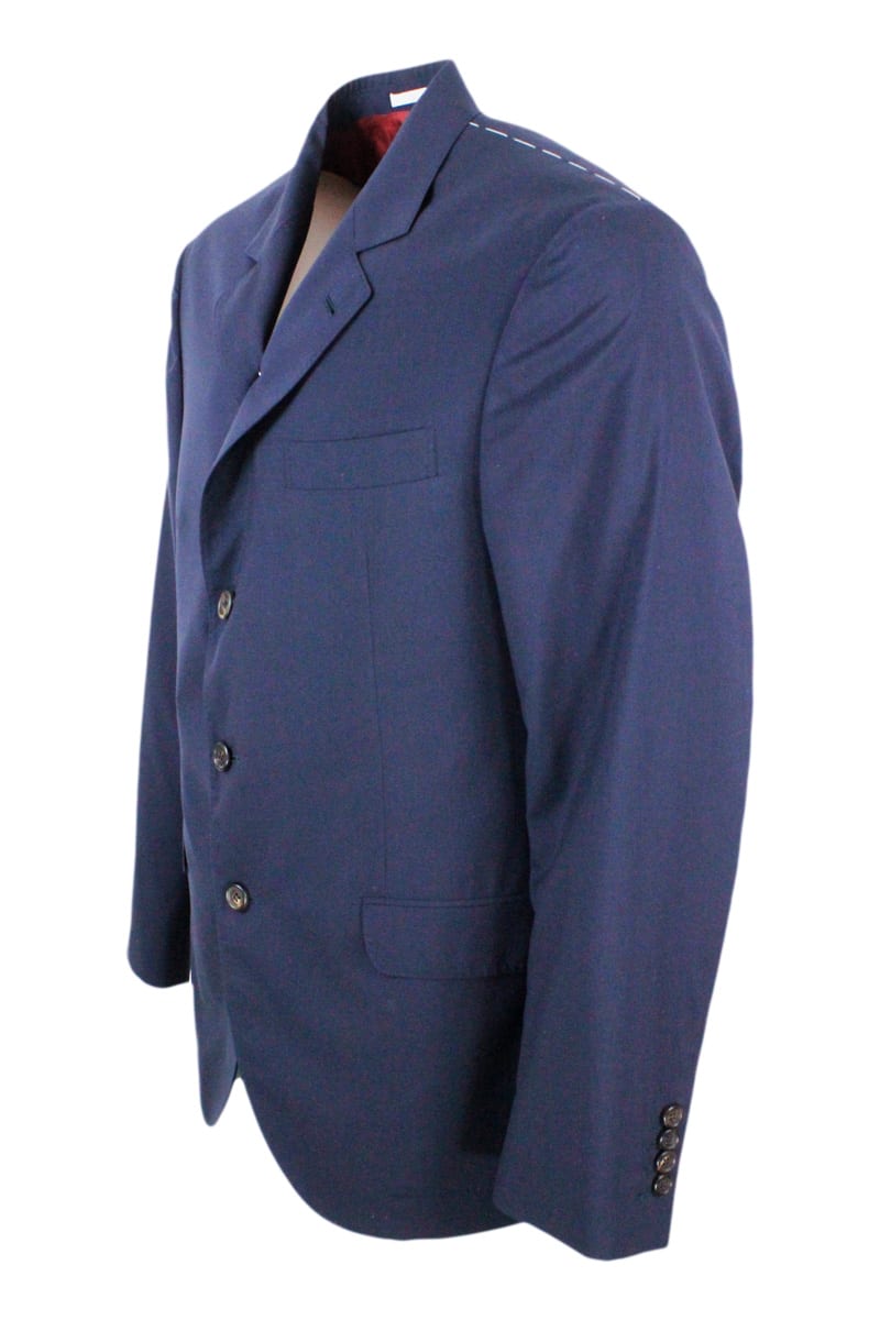 Shop Brunello Cucinelli 3-button Jacket Unlined In Fresh Wool Canvas. The Buttons Are In Brown Horn In Blu