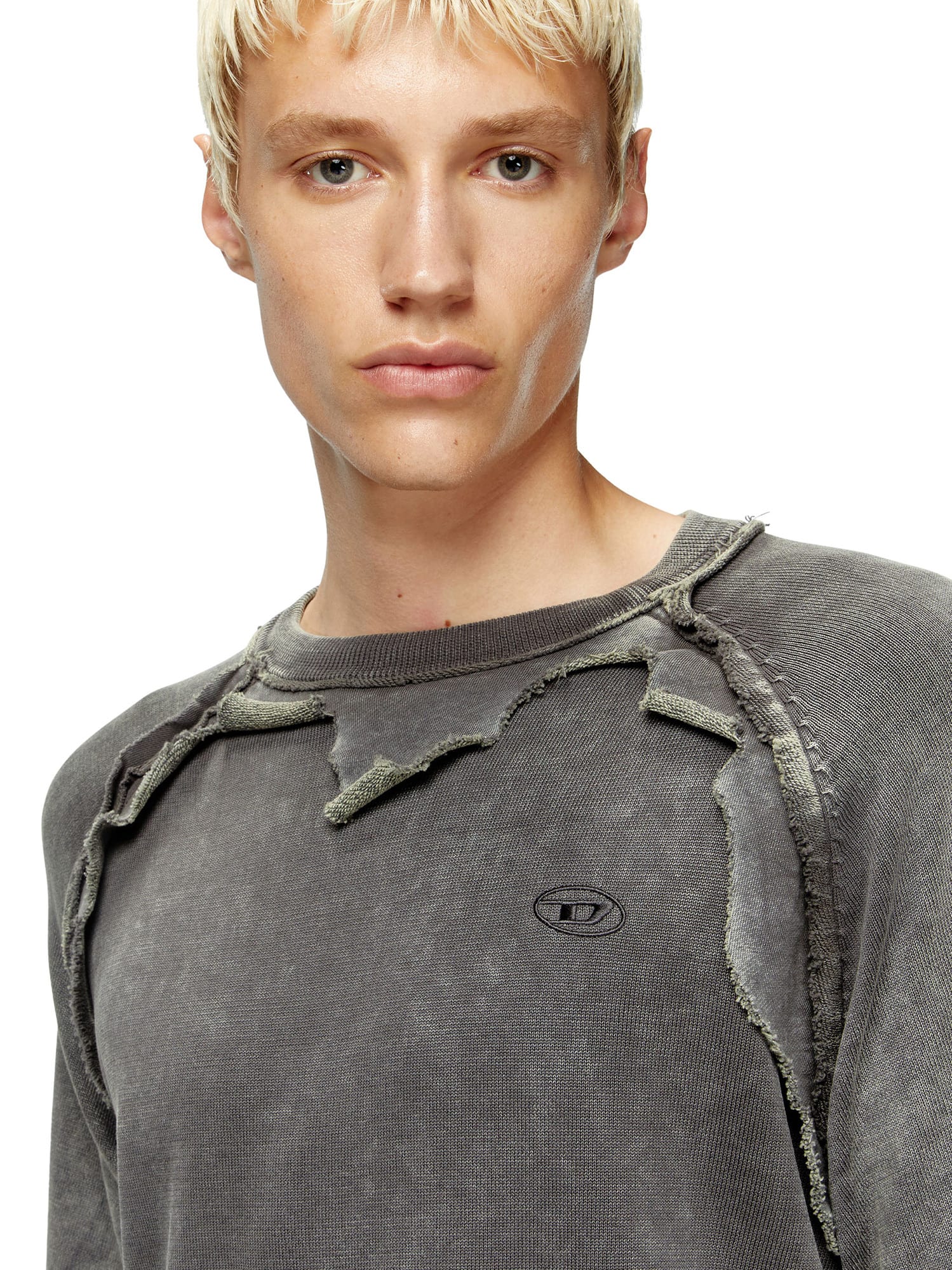 Diesel Crewneck Sweater With Distressed Layered Sleeves And Raw Hem In Gray