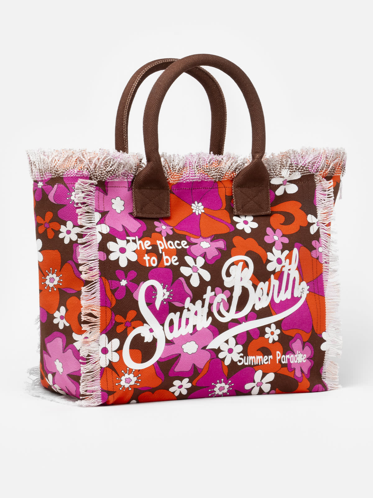 Mc2 Saint Barth Cotton Canvas Tote Bag With Retro Flower Print In Brown