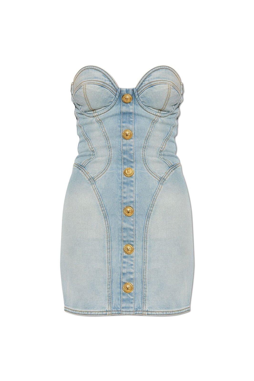 Strapless Button Detailed Denim Dress