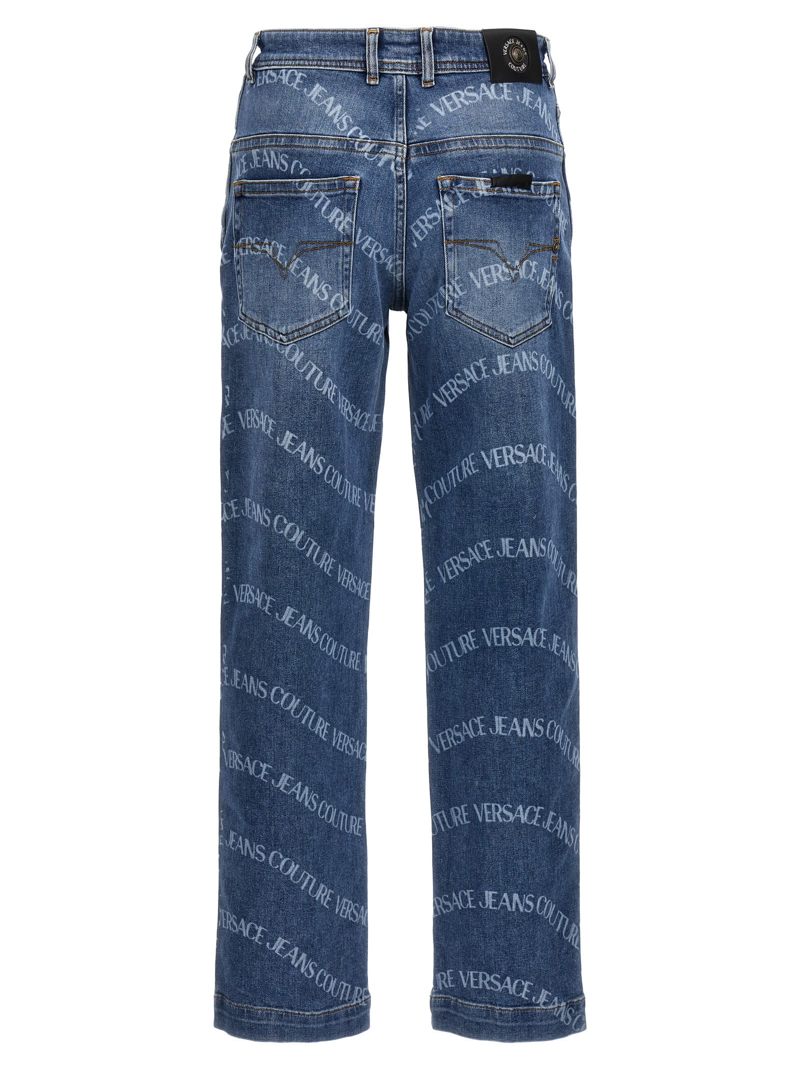 Shop Versace Jeans Couture Logo Print Jeans In Light Blue