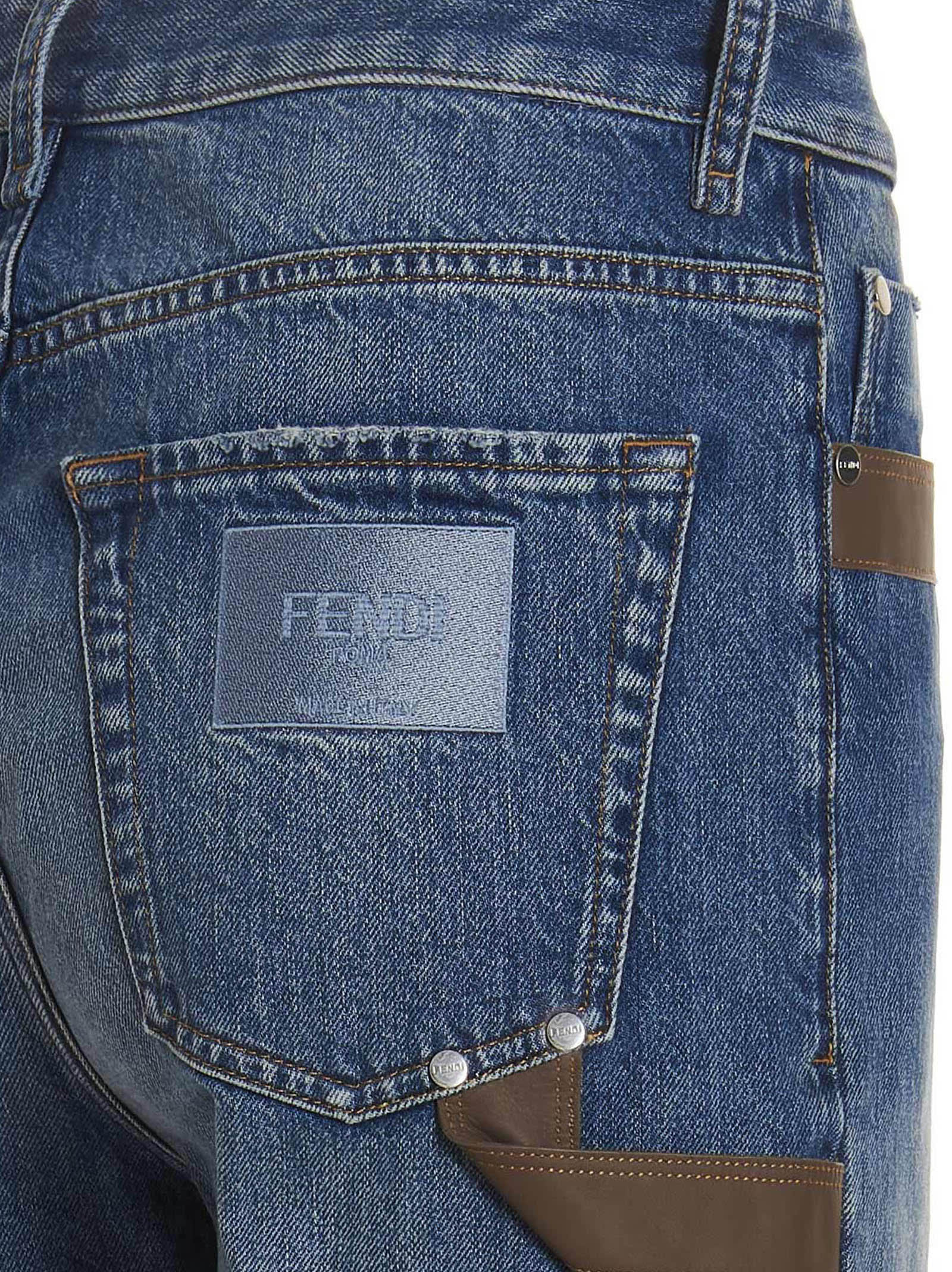 Shop Fendi Leather Detail Jeans In Light Blue