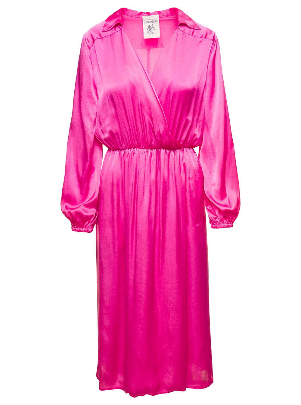 SEMICOUTURE PINK MIDI DRESS WITH V NECK SATIN EFFECT IN ACETATE BLEND WOMAN