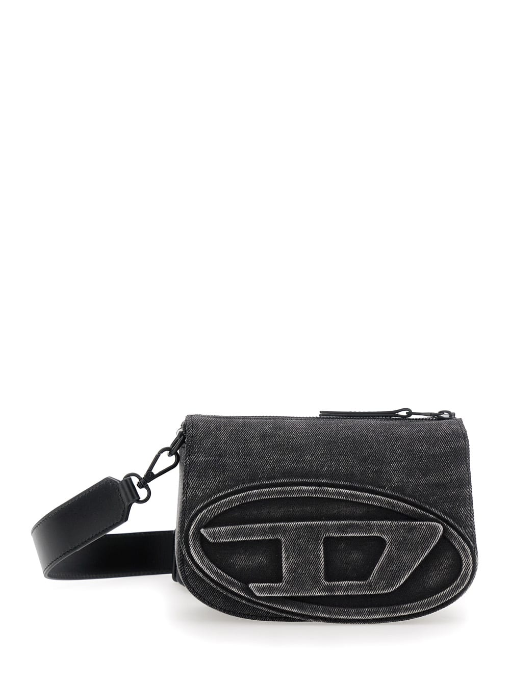 DIESEL 1DR BLACK CROSSBODY BAG WITH OVAL D LOGO ON THE FRONT AND ADJUSTABLE AND REMOVABLE SHOULDER STRAP IN