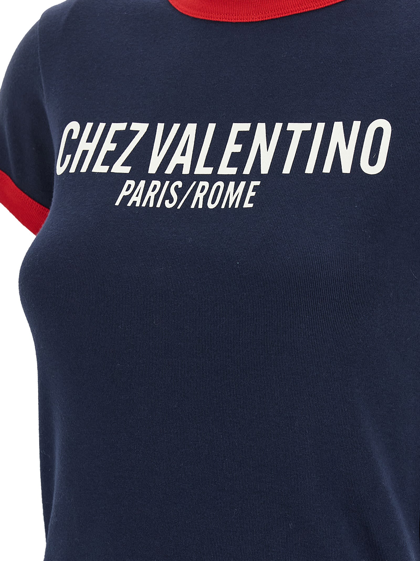 Valentino Crew Neck Cotton T-shirt With Contrast Trim In Blue