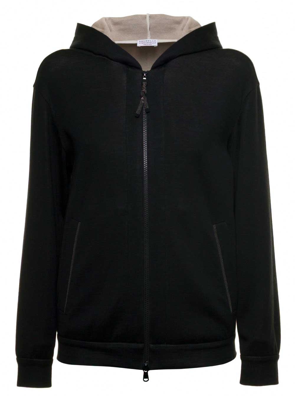 Brunello Cucinelli black cotton and silk hoodie with monile insert