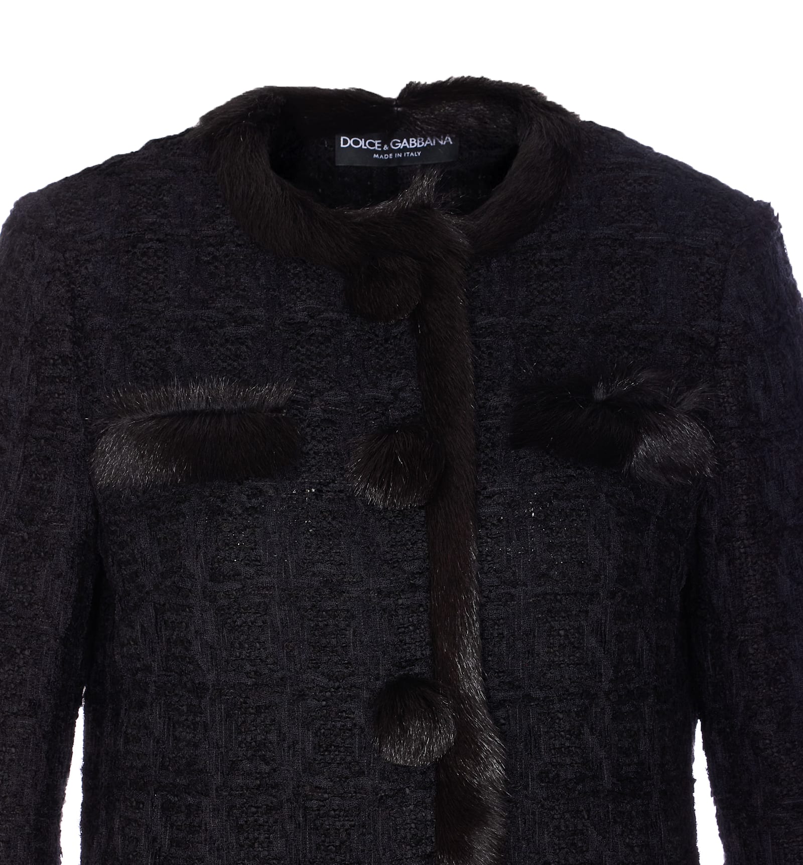 Dolce & Gabbana Textured Jacket With Faux Fur Trim In Black