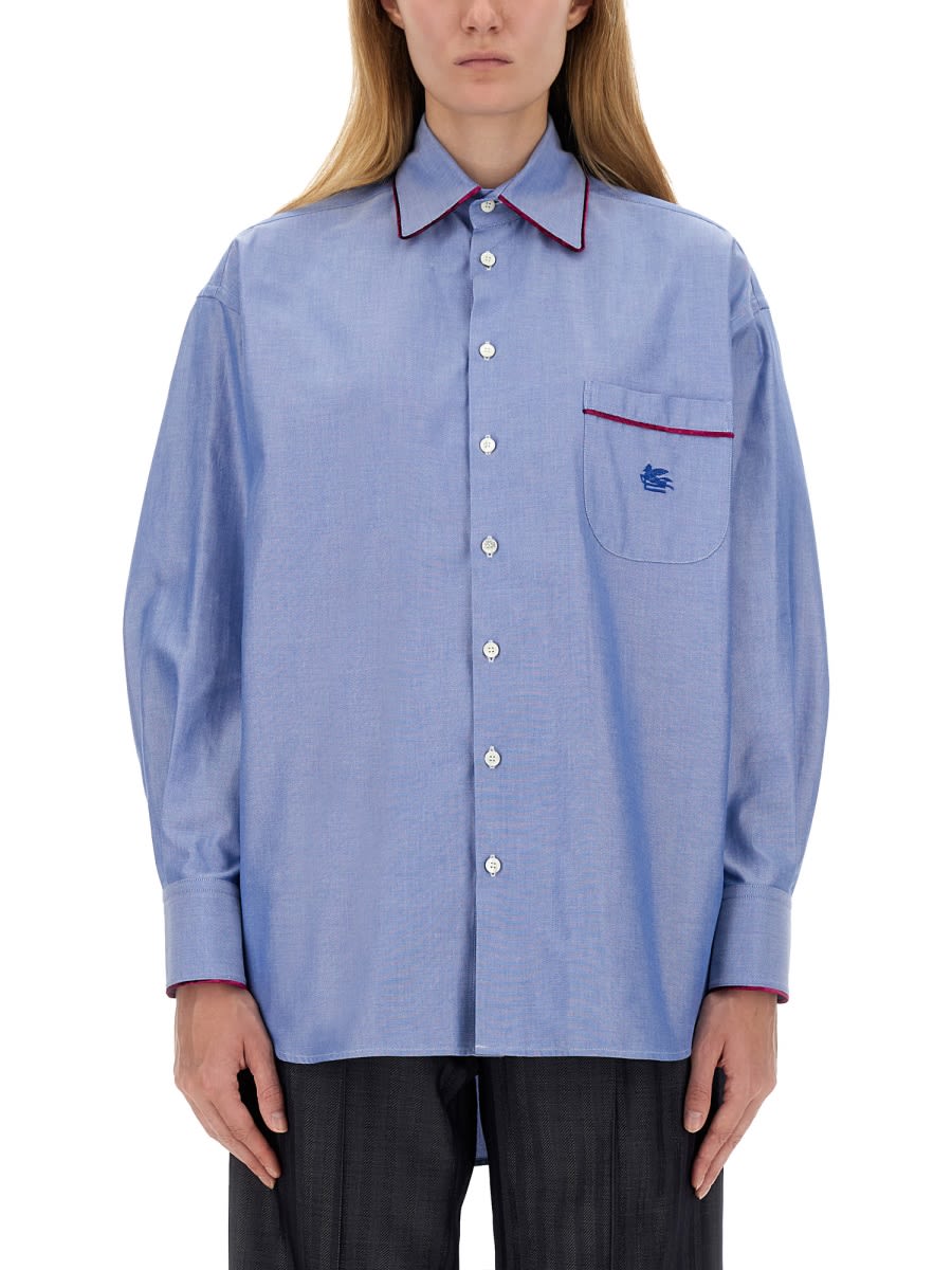 Shop Etro Light Blue Oxford Shirt With Pegasus In Azure