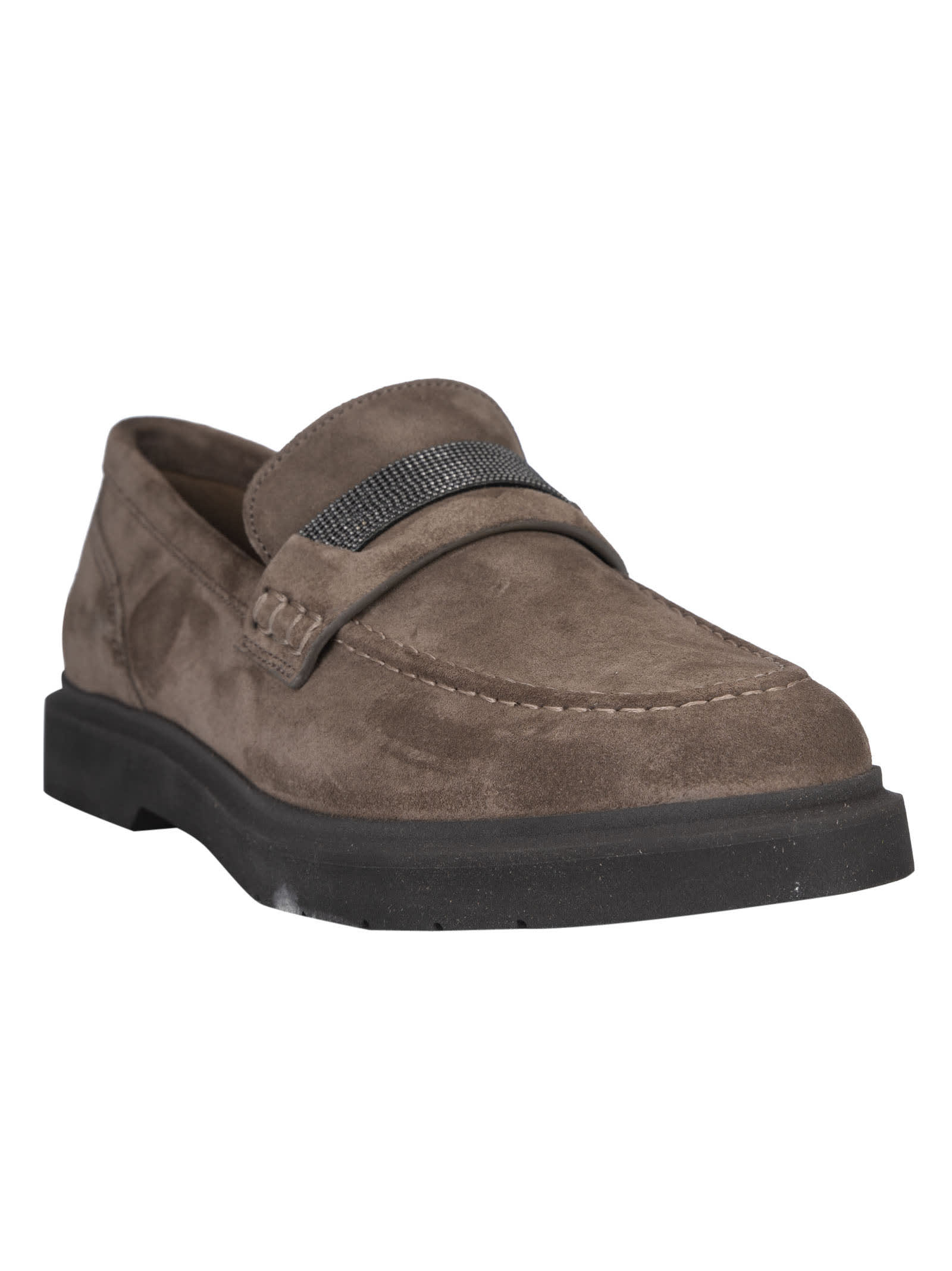 Brunello Cucinelli Suede Monili Penny Loafers In Brown