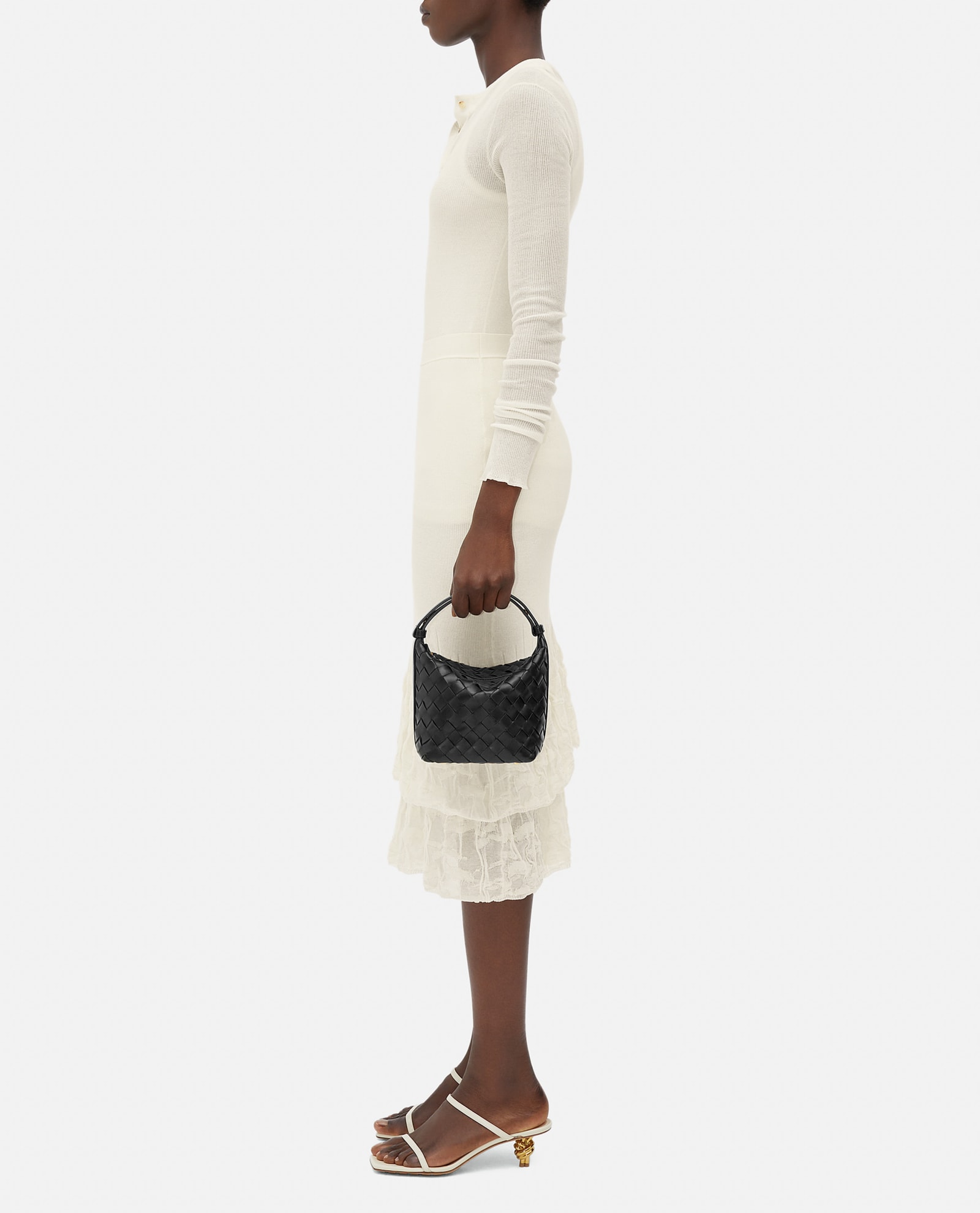 Bottega Veneta Black-gold Wallace Micro Leather Hobo Bag In Black
