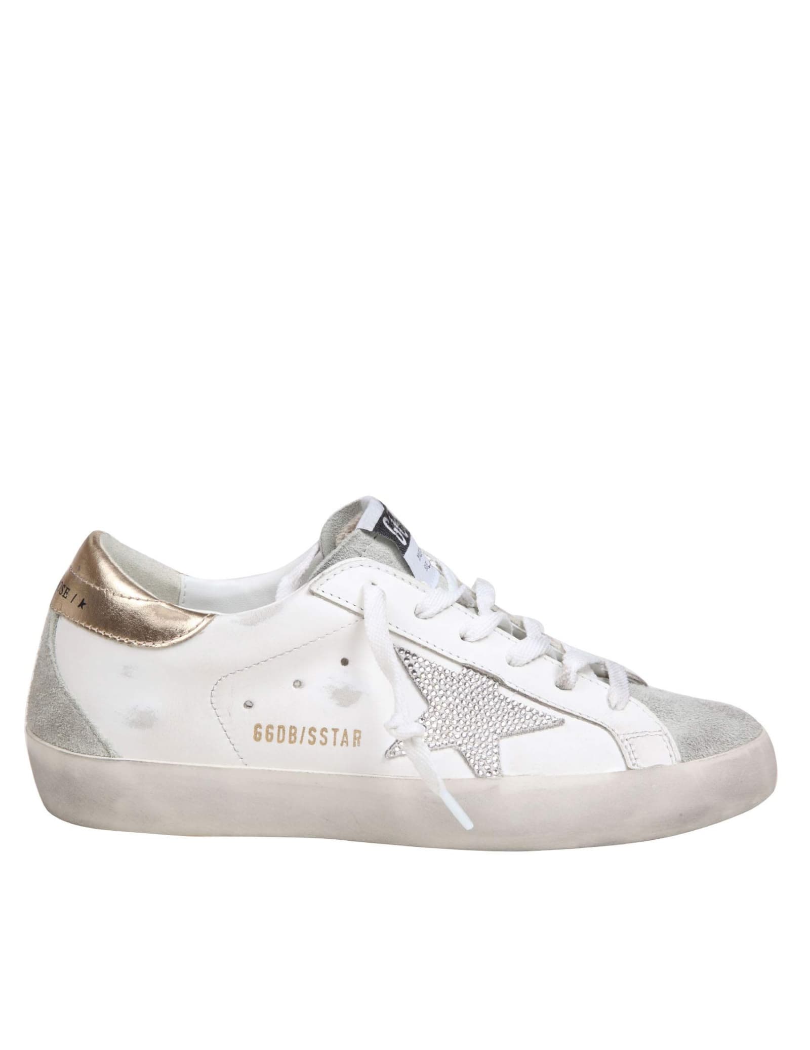 Shop Golden Goose Super Star Sneakers In Leather And Suede With Crystal In White/crystal