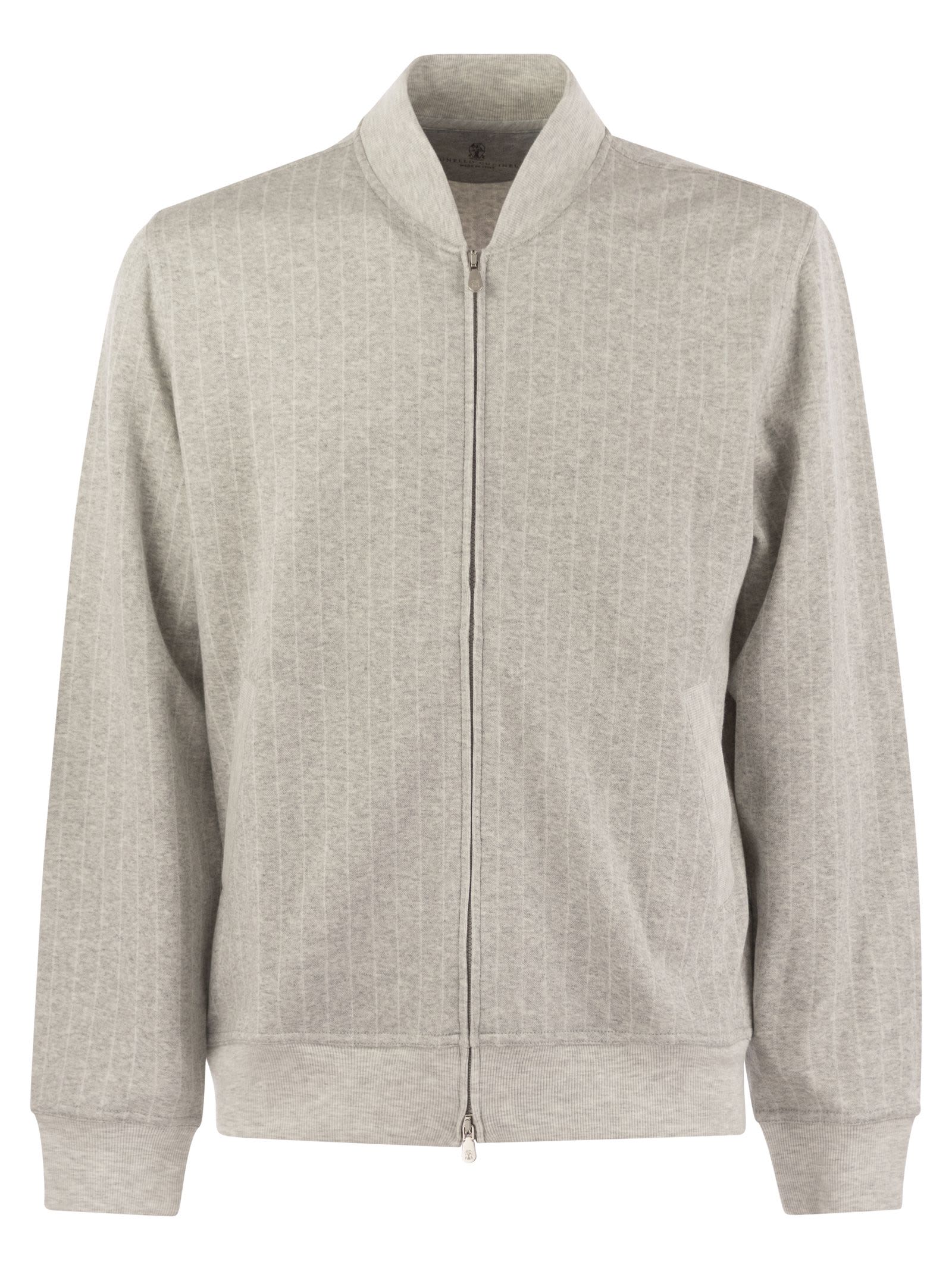 Brunello Cucinelli Double Pinstripe Fleece Topwear In Cotton, Cashmere And Silk With Zip In Pearl