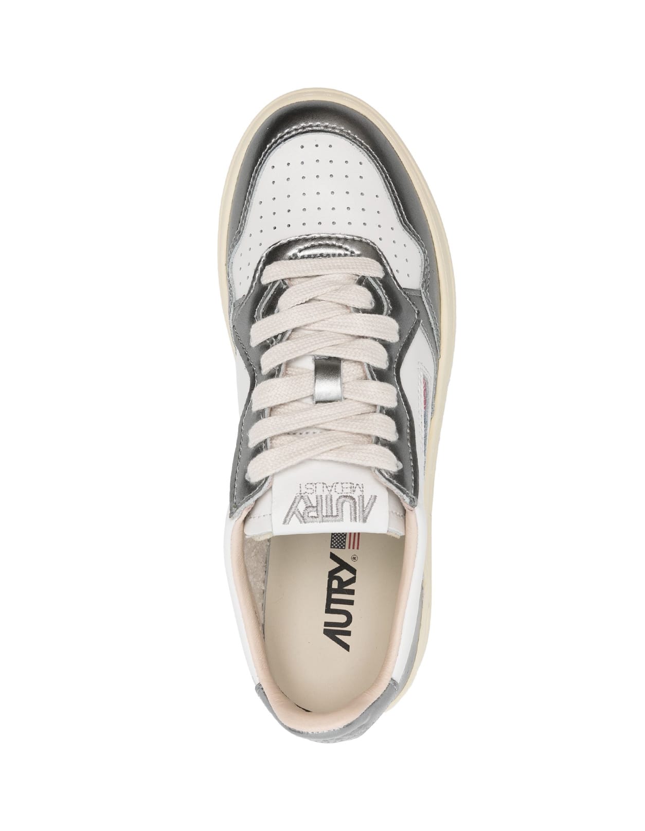 Shop Autry White And Metallised Steel Leather Medalist Low Sneakers In Grey