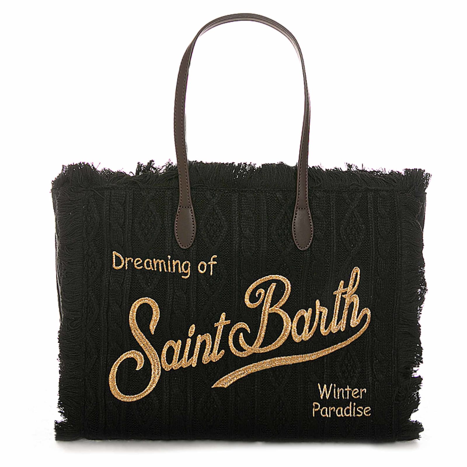 MC2 Saint Barth Black Tricot Wool Bag With Embroidered Golden Logo