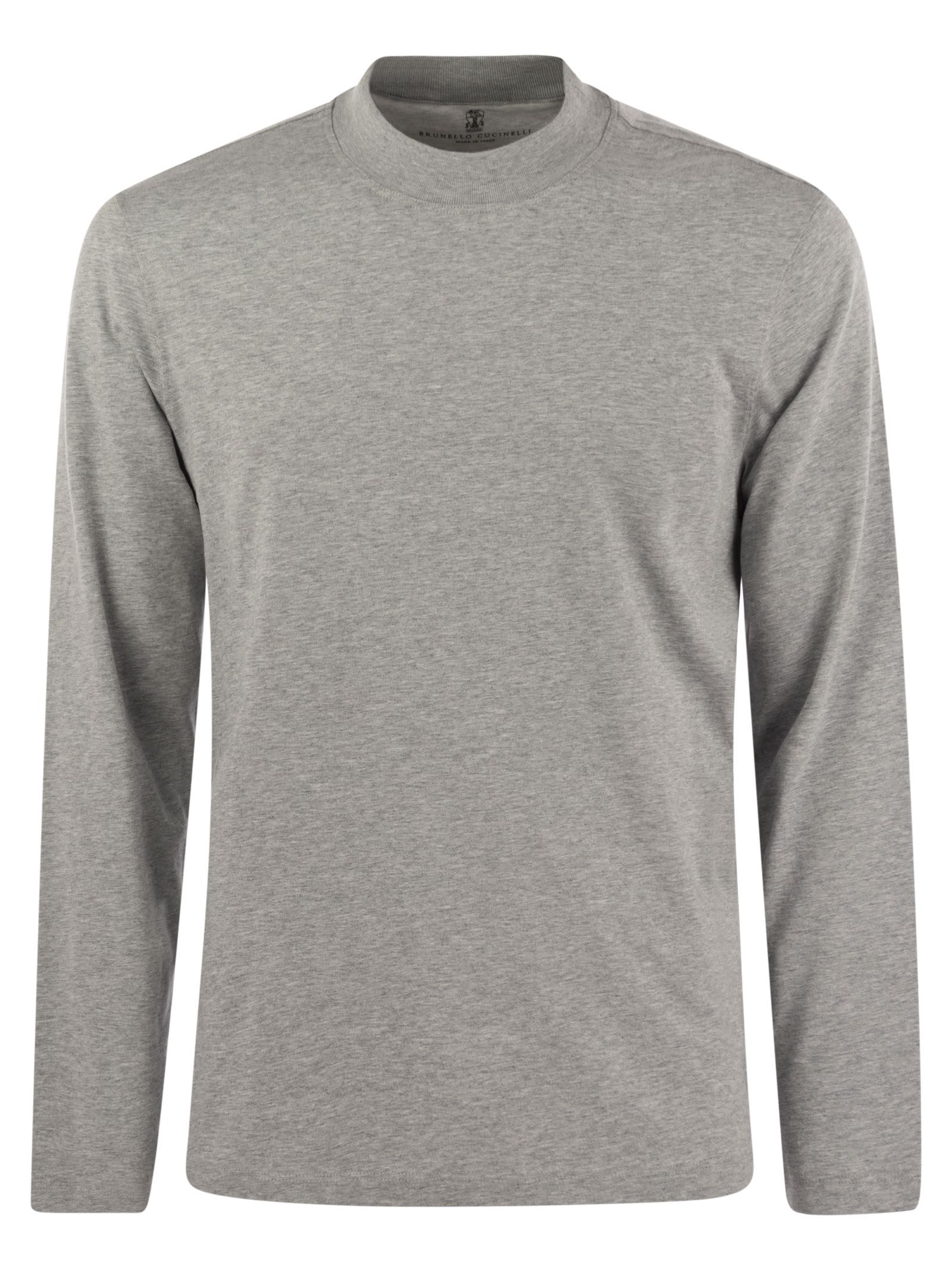 Brunello Cucinelli Long-sleeve Cotton Jersey Chimney Neck T-shirt In Gray