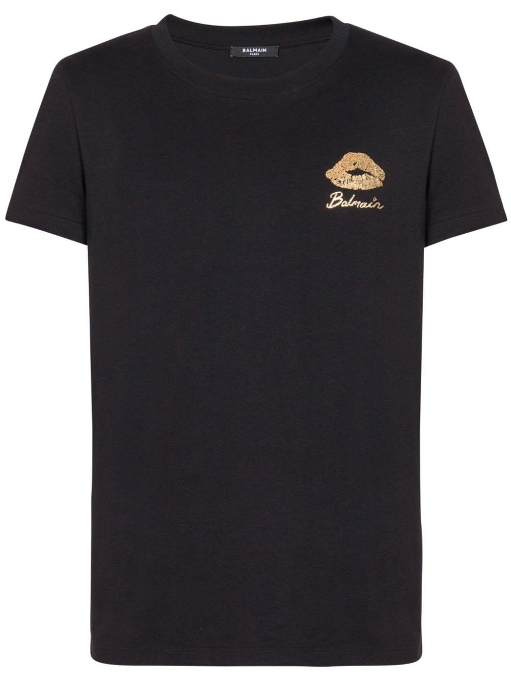 Shop Balmain Gold Kiss Print Logo T.shirt Classic Fit In Ead Black Or