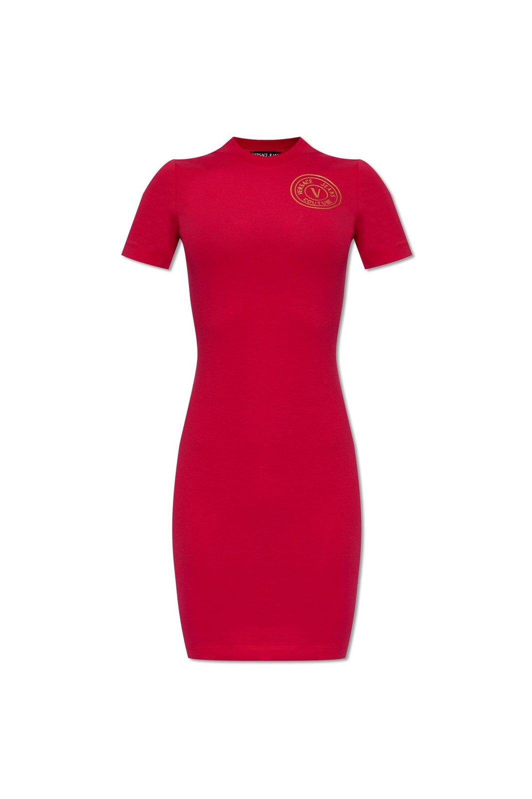 Shop Versace Jeans Couture Logo-printed Short-sleeved Stretched Dress In Pink