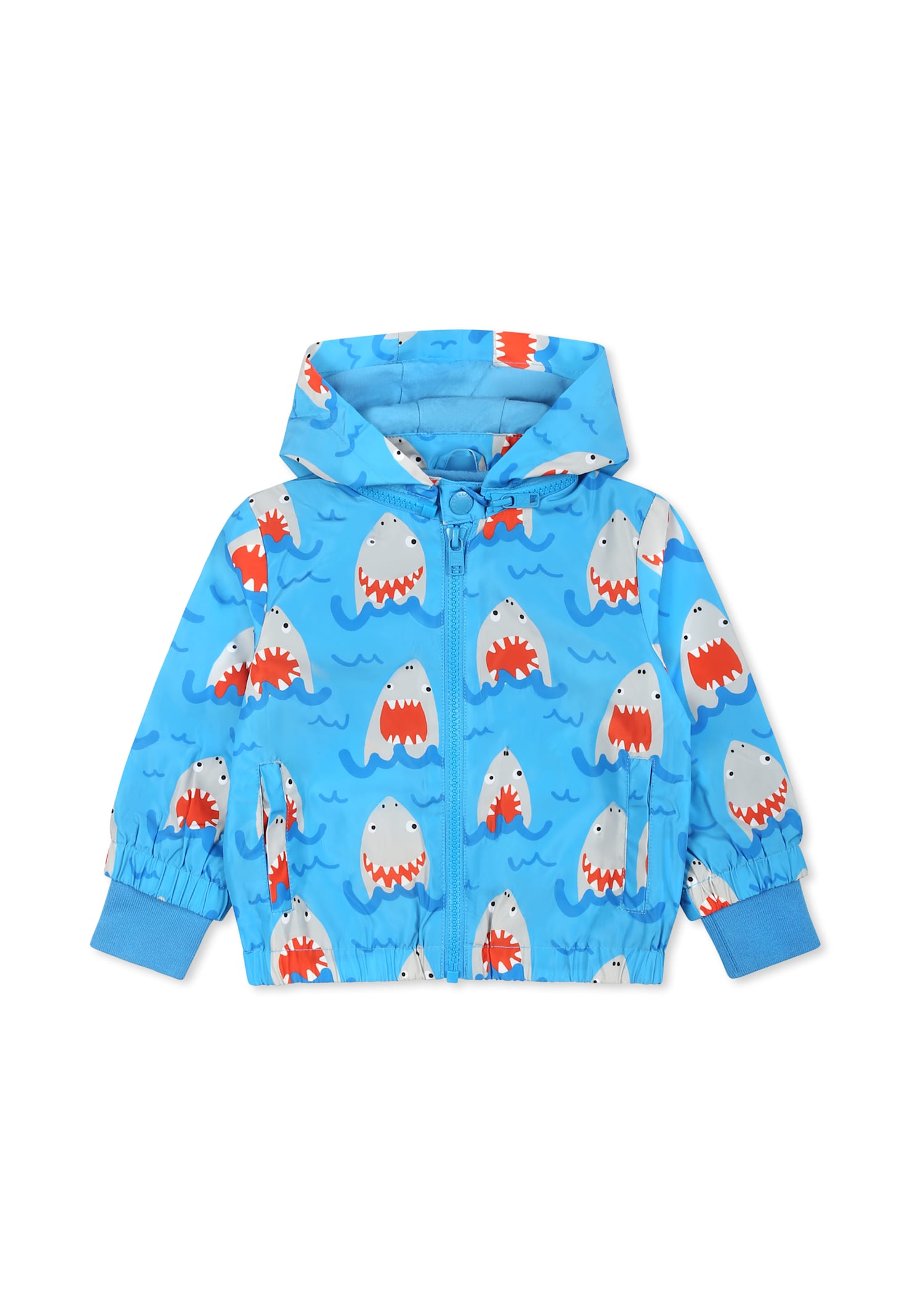 Stella Mccartney Blue Windbreaker Jacket For Baby Boy With Shark Print In Blue