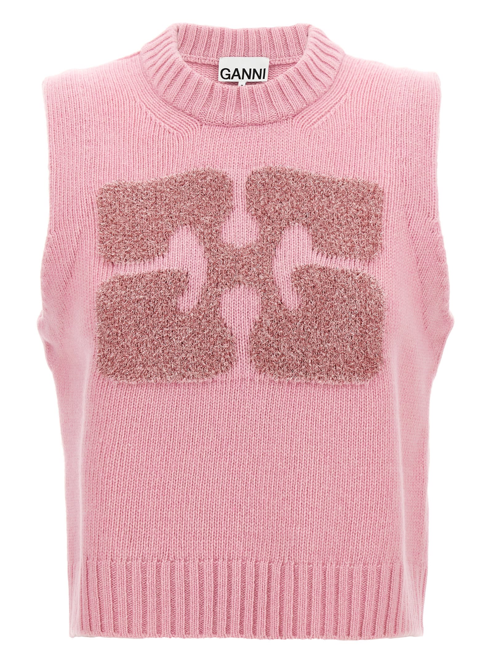 Shop Ganni Lurex Logo Vest In Pink