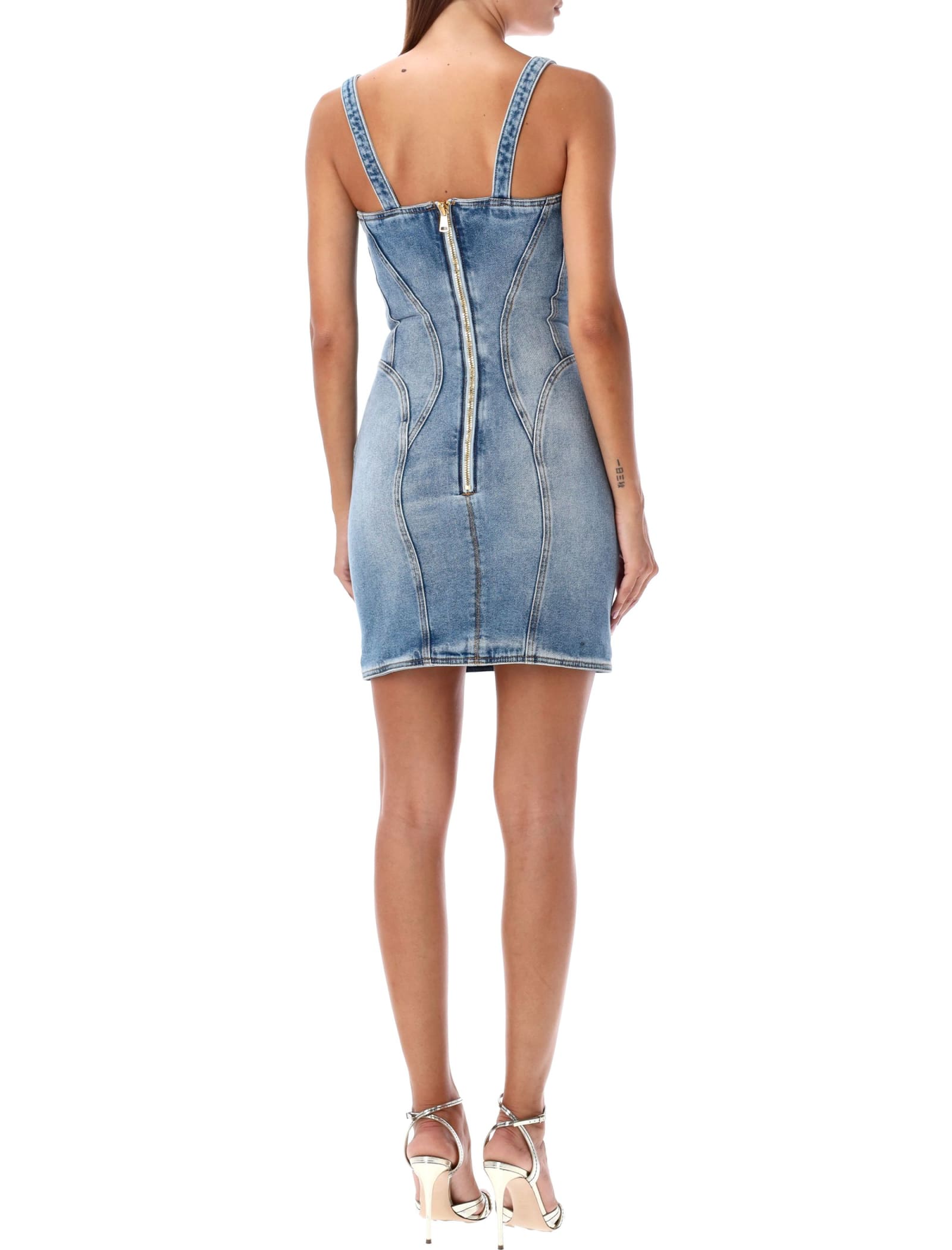 Shop Balmain Mini Denim Dress Bustier In Light Blue